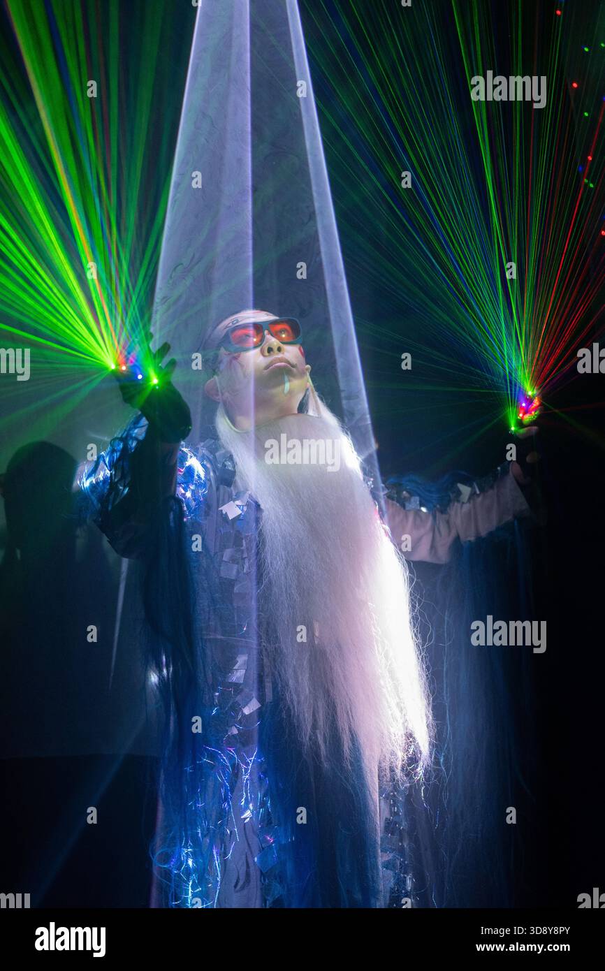 London, UK, 2nd December 2025, Mountains and Seas – Song of Today 山海 · 今日之歌, is inspired by the rich narrative of the 4th-century BCE text The Classic of Mountains and Seas and its fantastical compilation of myths, beasts, heroes, folklore and landscapes. Using this connection between myth, nature and scientific thought as its inspiration, the show explores 21st century issues of climate crisis, activism and rising global fascism. On at the Omnibus Theatre in Clapham from 2nd till 6th December 2026., Andrew Lalchan Photography/Alamy Live News Stock Photo