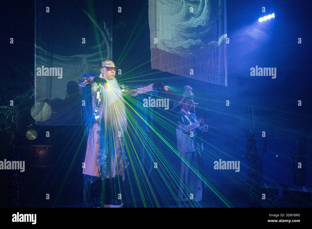 London, UK, 2nd December 2025, Mountains and Seas – Song of Today 山海 · 今日之歌, is inspired by the rich narrative of the 4th-century BCE text The Classic of Mountains and Seas and its fantastical compilation of myths, beasts, heroes, folklore and landscapes. Using this connection between myth, nature and scientific thought as its inspiration, the show explores 21st century issues of climate crisis, activism and rising global fascism. On at the Omnibus Theatre in Clapham from 2nd till 6th December 2026., Andrew Lalchan Photography/Alamy Live News Stock Photo