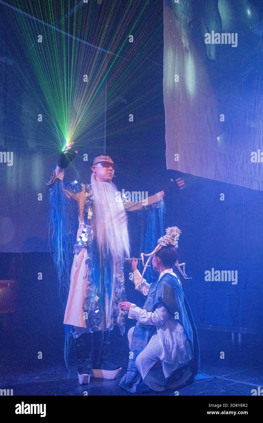 London, UK, 2nd December 2025, Mountains and Seas – Song of Today 山海 · 今日之歌, is inspired by the rich narrative of the 4th-century BCE text The Classic of Mountains and Seas and its fantastical compilation of myths, beasts, heroes, folklore and landscapes. Using this connection between myth, nature and scientific thought as its inspiration, the show explores 21st century issues of climate crisis, activism and rising global fascism. On at the Omnibus Theatre in Clapham from 2nd till 6th December 2026., Andrew Lalchan Photography/Alamy Live News Stock Photo