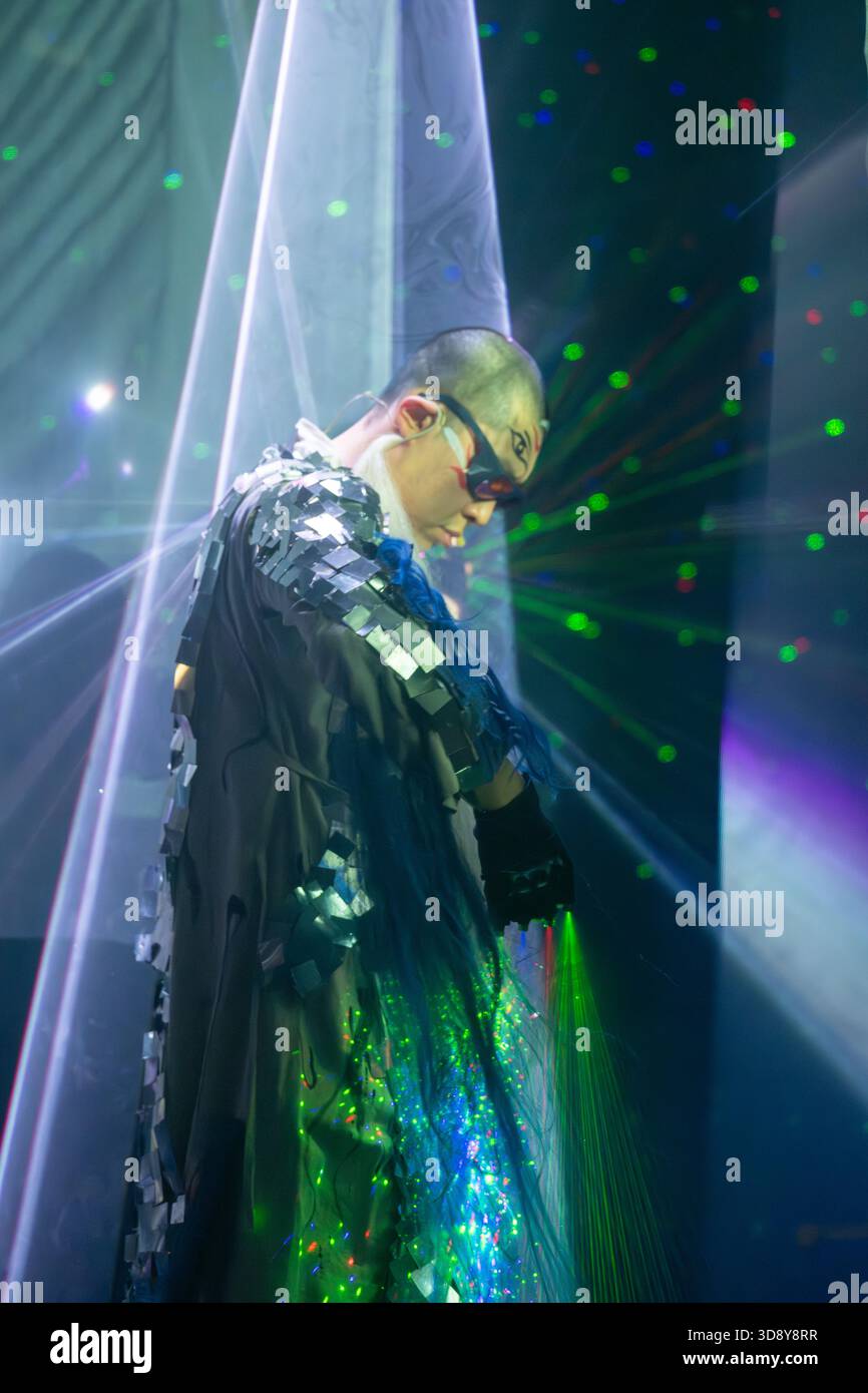 London, UK, 2nd December 2025, Mountains and Seas – Song of Today 山海 · 今日之歌, is inspired by the rich narrative of the 4th-century BCE text The Classic of Mountains and Seas and its fantastical compilation of myths, beasts, heroes, folklore and landscapes. Using this connection between myth, nature and scientific thought as its inspiration, the show explores 21st century issues of climate crisis, activism and rising global fascism. On at the Omnibus Theatre in Clapham from 2nd till 6th December 2026., Andrew Lalchan Photography/Alamy Live News Stock Photo