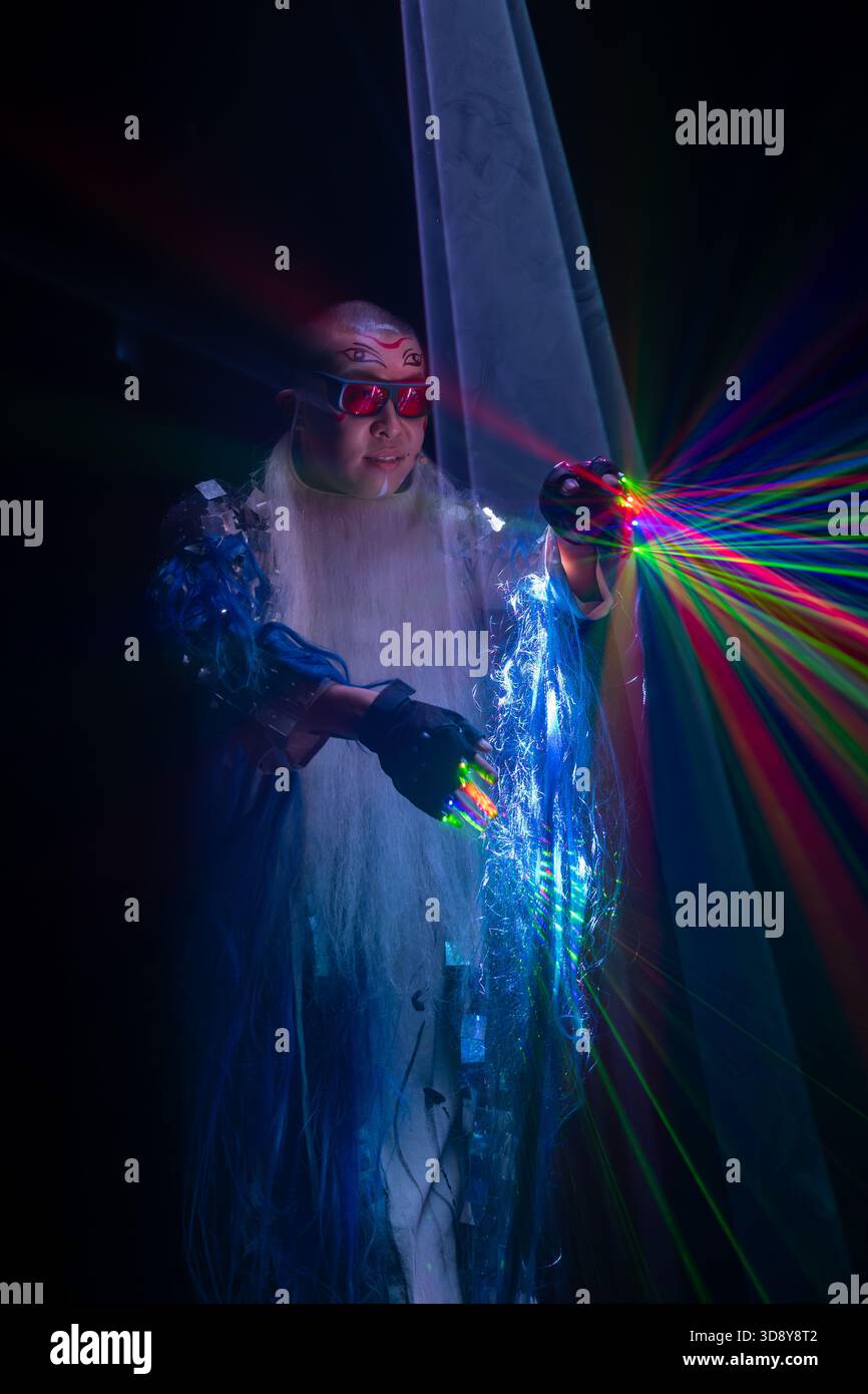 London, UK, 2nd December 2025, Mountains and Seas – Song of Today 山海 · 今日之歌, is inspired by the rich narrative of the 4th-century BCE text The Classic of Mountains and Seas and its fantastical compilation of myths, beasts, heroes, folklore and landscapes. Using this connection between myth, nature and scientific thought as its inspiration, the show explores 21st century issues of climate crisis, activism and rising global fascism. On at the Omnibus Theatre in Clapham from 2nd till 6th December 2026., Andrew Lalchan Photography/Alamy Live News Stock Photo