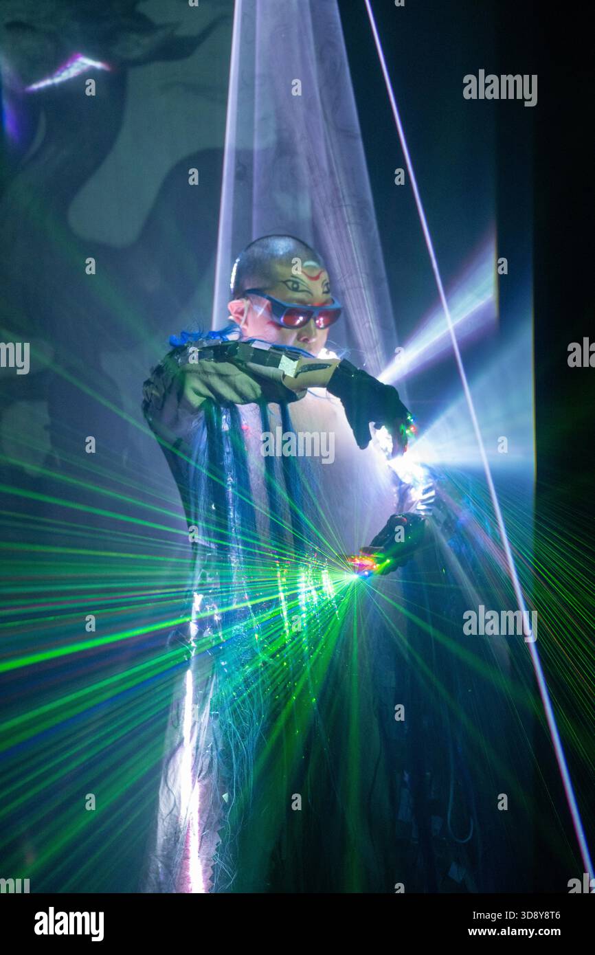 London, UK, 2nd December 2025, Mountains and Seas – Song of Today 山海 · 今日之歌, is inspired by the rich narrative of the 4th-century BCE text The Classic of Mountains and Seas and its fantastical compilation of myths, beasts, heroes, folklore and landscapes. Using this connection between myth, nature and scientific thought as its inspiration, the show explores 21st century issues of climate crisis, activism and rising global fascism. On at the Omnibus Theatre in Clapham from 2nd till 6th December 2026., Andrew Lalchan Photography/Alamy Live News Stock Photo