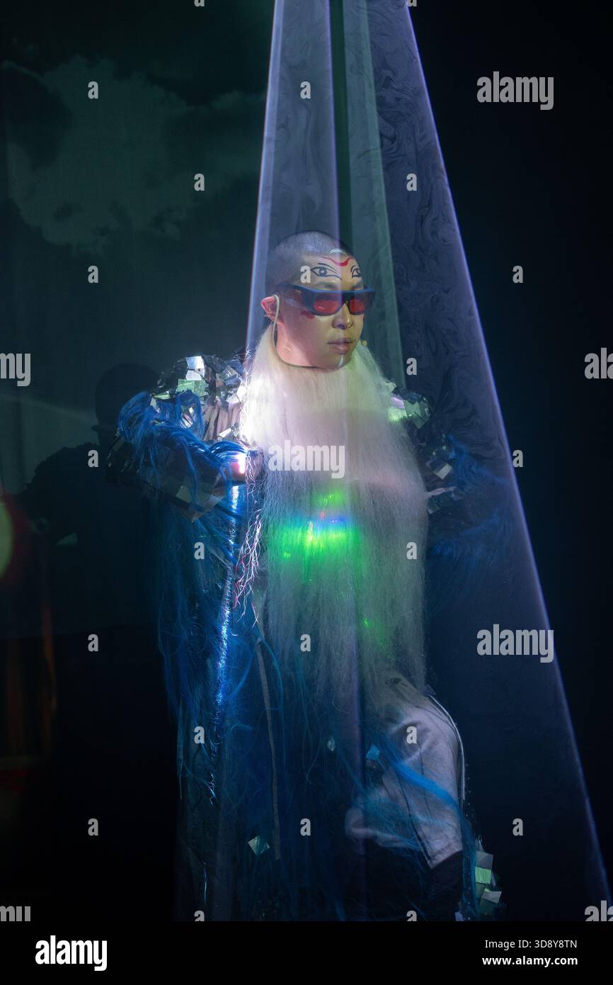 London, UK, 2nd December 2025, Mountains and Seas – Song of Today 山海 · 今日之歌, is inspired by the rich narrative of the 4th-century BCE text The Classic of Mountains and Seas and its fantastical compilation of myths, beasts, heroes, folklore and landscapes. Using this connection between myth, nature and scientific thought as its inspiration, the show explores 21st century issues of climate crisis, activism and rising global fascism. On at the Omnibus Theatre in Clapham from 2nd till 6th December 2026., Andrew Lalchan Photography/Alamy Live News Stock Photo