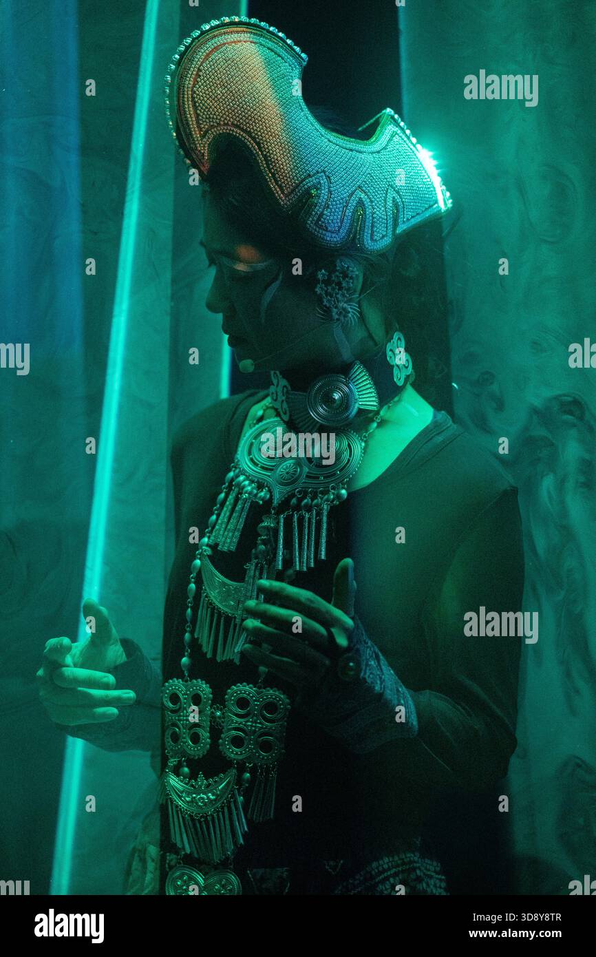 London, UK, 2nd December 2025, Mountains and Seas – Song of Today 山海 · 今日之歌, is inspired by the rich narrative of the 4th-century BCE text The Classic of Mountains and Seas and its fantastical compilation of myths, beasts, heroes, folklore and landscapes. Using this connection between myth, nature and scientific thought as its inspiration, the show explores 21st century issues of climate crisis, activism and rising global fascism. On at the Omnibus Theatre in Clapham from 2nd till 6th December 2026., Andrew Lalchan Photography/Alamy Live News Stock Photo