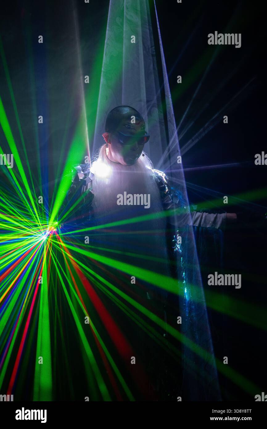 London, UK, 2nd December 2025, Mountains and Seas – Song of Today 山海 · 今日之歌, is inspired by the rich narrative of the 4th-century BCE text The Classic of Mountains and Seas and its fantastical compilation of myths, beasts, heroes, folklore and landscapes. Using this connection between myth, nature and scientific thought as its inspiration, the show explores 21st century issues of climate crisis, activism and rising global fascism. On at the Omnibus Theatre in Clapham from 2nd till 6th December 2026., Andrew Lalchan Photography/Alamy Live News Stock Photo