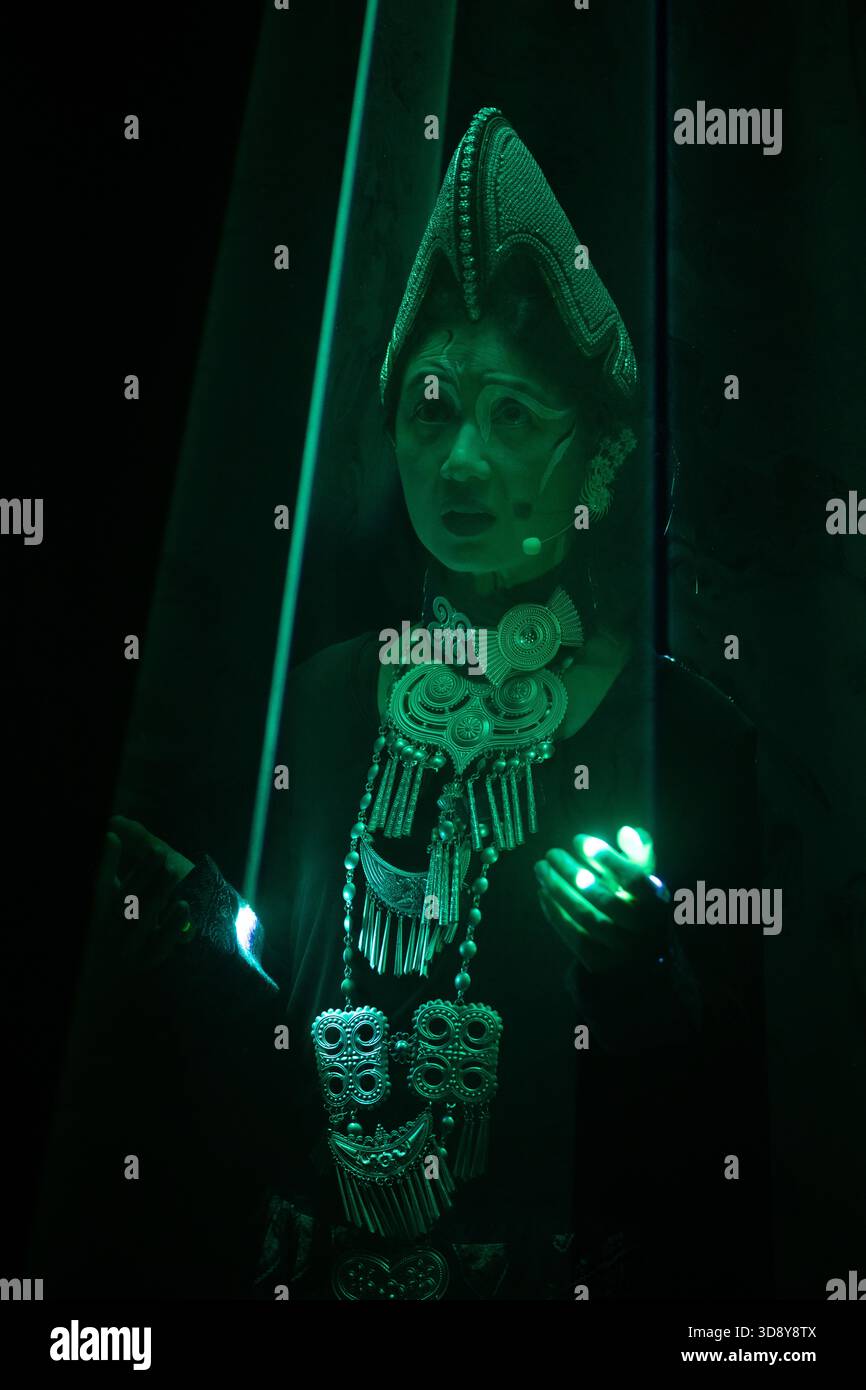 London, UK, 2nd December 2025, Mountains and Seas – Song of Today 山海 · 今日之歌, is inspired by the rich narrative of the 4th-century BCE text The Classic of Mountains and Seas and its fantastical compilation of myths, beasts, heroes, folklore and landscapes. Using this connection between myth, nature and scientific thought as its inspiration, the show explores 21st century issues of climate crisis, activism and rising global fascism. On at the Omnibus Theatre in Clapham from 2nd till 6th December 2026., Andrew Lalchan Photography/Alamy Live News Stock Photo