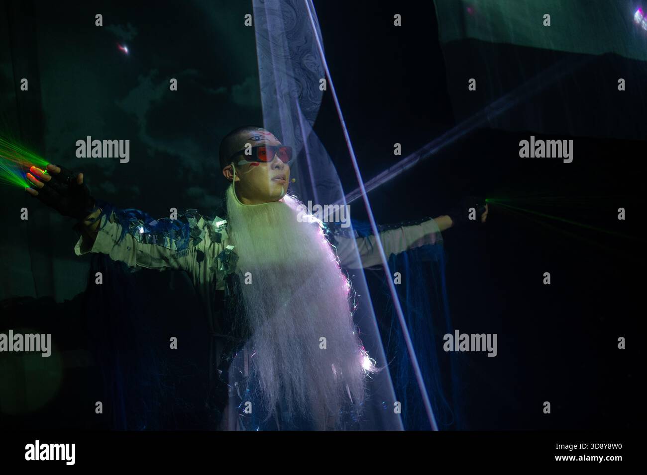 London, UK, 2nd December 2025, Mountains and Seas – Song of Today 山海 · 今日之歌, is inspired by the rich narrative of the 4th-century BCE text The Classic of Mountains and Seas and its fantastical compilation of myths, beasts, heroes, folklore and landscapes. Using this connection between myth, nature and scientific thought as its inspiration, the show explores 21st century issues of climate crisis, activism and rising global fascism. On at the Omnibus Theatre in Clapham from 2nd till 6th December 2026., Andrew Lalchan Photography/Alamy Live News Stock Photo