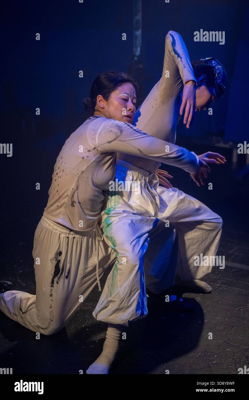 London, UK, 2nd December 2025, Mountains and Seas – Song of Today 山海 · 今日之歌, is inspired by the rich narrative of the 4th-century BCE text The Classic of Mountains and Seas and its fantastical compilation of myths, beasts, heroes, folklore and landscapes. Using this connection between myth, nature and scientific thought as its inspiration, the show explores 21st century issues of climate crisis, activism and rising global fascism. On at the Omnibus Theatre in Clapham from 2nd till 6th December 2026., Andrew Lalchan Photography/Alamy Live News Stock Photo