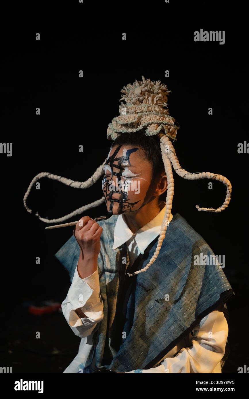 London, UK, 2nd December 2025, Mountains and Seas – Song of Today 山海 · 今日之歌, is inspired by the rich narrative of the 4th-century BCE text The Classic of Mountains and Seas and its fantastical compilation of myths, beasts, heroes, folklore and landscapes. Using this connection between myth, nature and scientific thought as its inspiration, the show explores 21st century issues of climate crisis, activism and rising global fascism. On at the Omnibus Theatre in Clapham from 2nd till 6th December 2026., Andrew Lalchan Photography/Alamy Live News Stock Photo