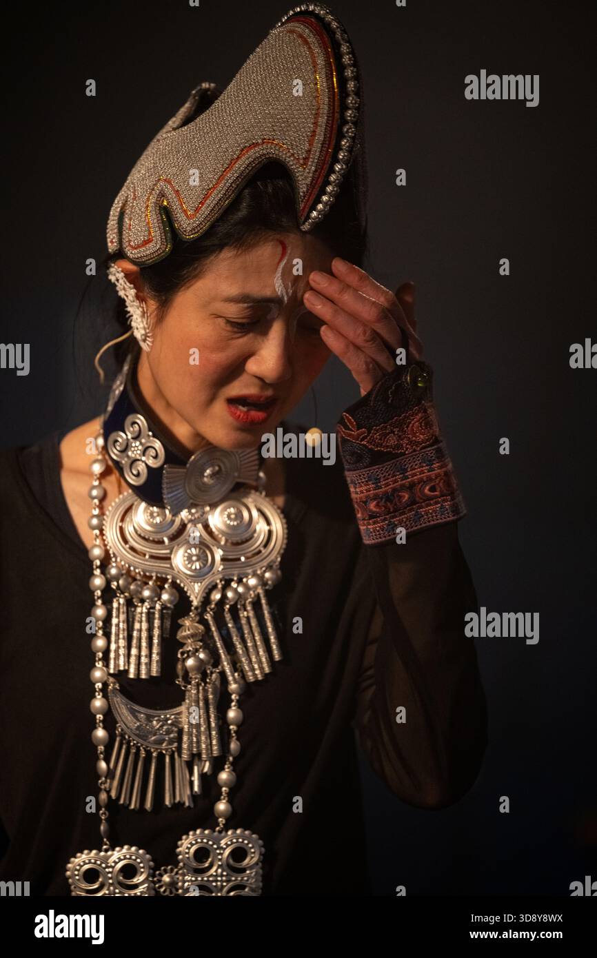 London, UK, 2nd December 2025, Mountains and Seas – Song of Today 山海 · 今日之歌, is inspired by the rich narrative of the 4th-century BCE text The Classic of Mountains and Seas and its fantastical compilation of myths, beasts, heroes, folklore and landscapes. Using this connection between myth, nature and scientific thought as its inspiration, the show explores 21st century issues of climate crisis, activism and rising global fascism. On at the Omnibus Theatre in Clapham from 2nd till 6th December 2026., Andrew Lalchan Photography/Alamy Live News Stock Photo