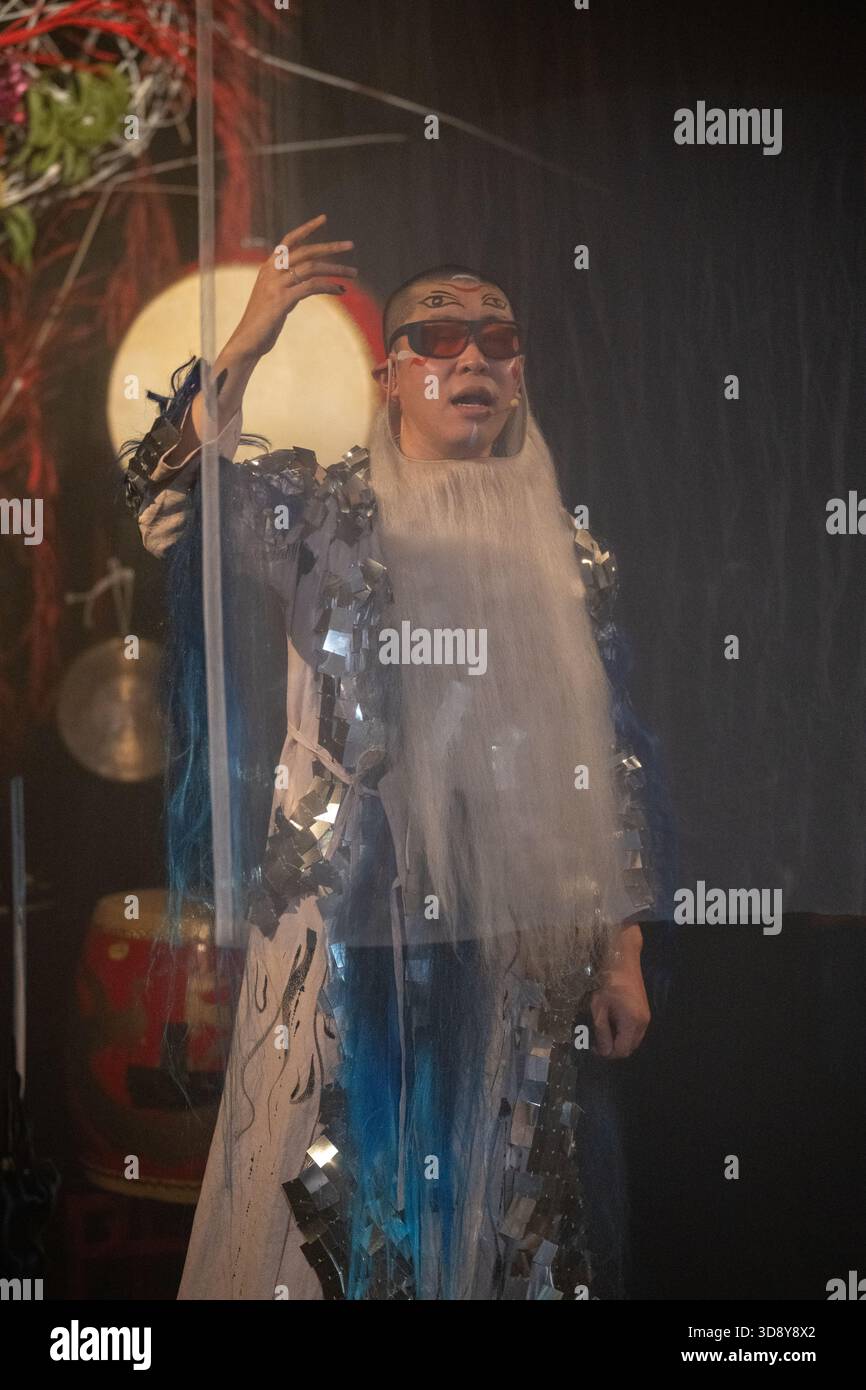 London, UK, 2nd December 2025, Mountains and Seas – Song of Today 山海 · 今日之歌, is inspired by the rich narrative of the 4th-century BCE text The Classic of Mountains and Seas and its fantastical compilation of myths, beasts, heroes, folklore and landscapes. Using this connection between myth, nature and scientific thought as its inspiration, the show explores 21st century issues of climate crisis, activism and rising global fascism. On at the Omnibus Theatre in Clapham from 2nd till 6th December 2026., Andrew Lalchan Photography/Alamy Live News Stock Photo