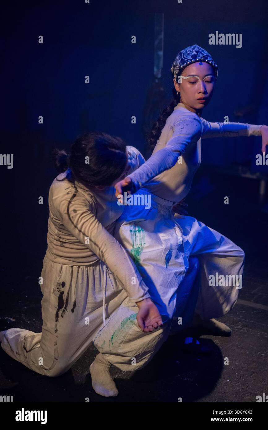 London, UK, 2nd December 2025, Mountains and Seas – Song of Today 山海 · 今日之歌, is inspired by the rich narrative of the 4th-century BCE text The Classic of Mountains and Seas and its fantastical compilation of myths, beasts, heroes, folklore and landscapes. Using this connection between myth, nature and scientific thought as its inspiration, the show explores 21st century issues of climate crisis, activism and rising global fascism. On at the Omnibus Theatre in Clapham from 2nd till 6th December 2026., Andrew Lalchan Photography/Alamy Live News Stock Photo