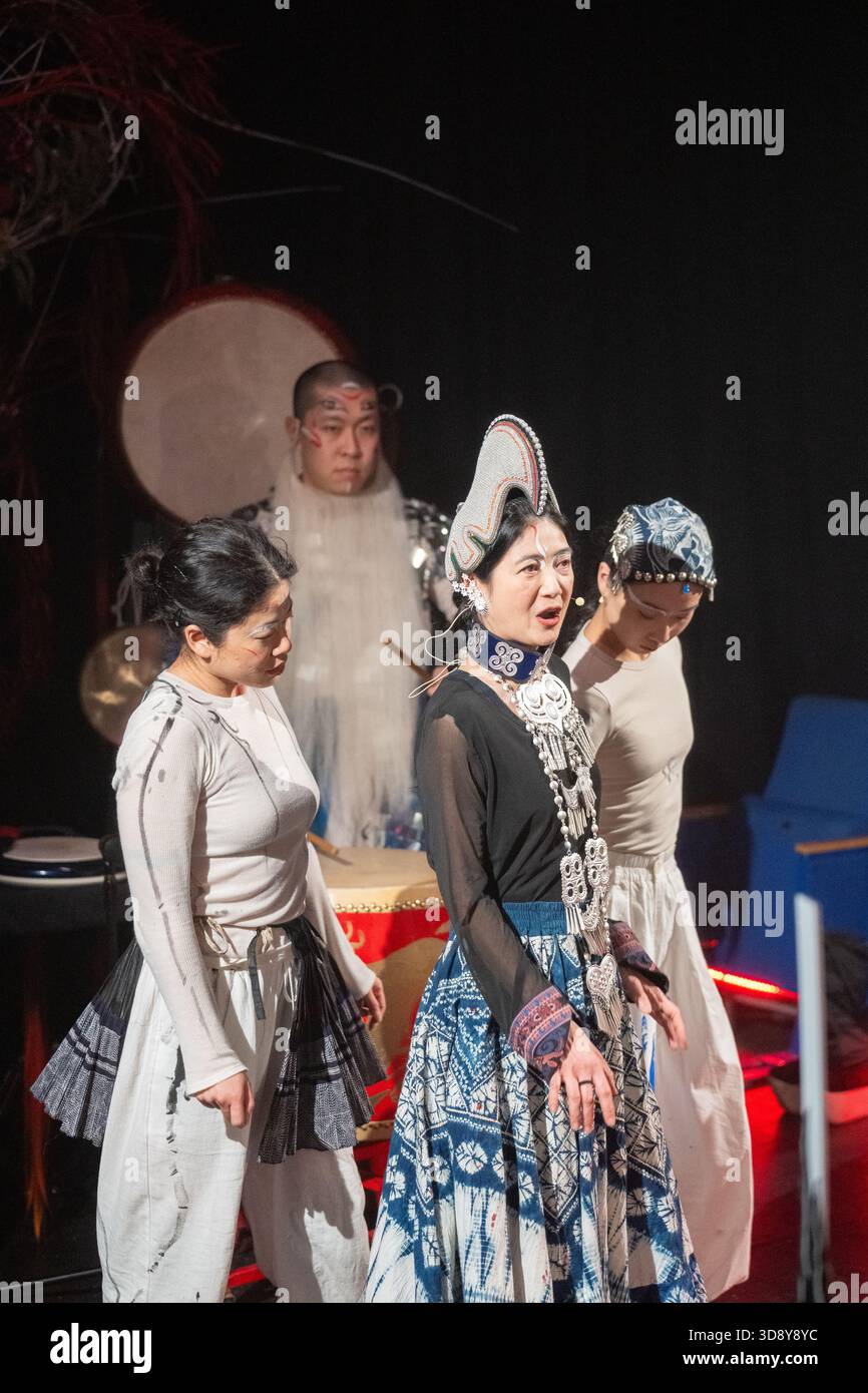 London, UK, 2nd December 2025, Mountains and Seas – Song of Today 山海 · 今日之歌, is inspired by the rich narrative of the 4th-century BCE text The Classic of Mountains and Seas and its fantastical compilation of myths, beasts, heroes, folklore and landscapes. Using this connection between myth, nature and scientific thought as its inspiration, the show explores 21st century issues of climate crisis, activism and rising global fascism. On at the Omnibus Theatre in Clapham from 2nd till 6th December 2026., Andrew Lalchan Photography/Alamy Live News Stock Photo