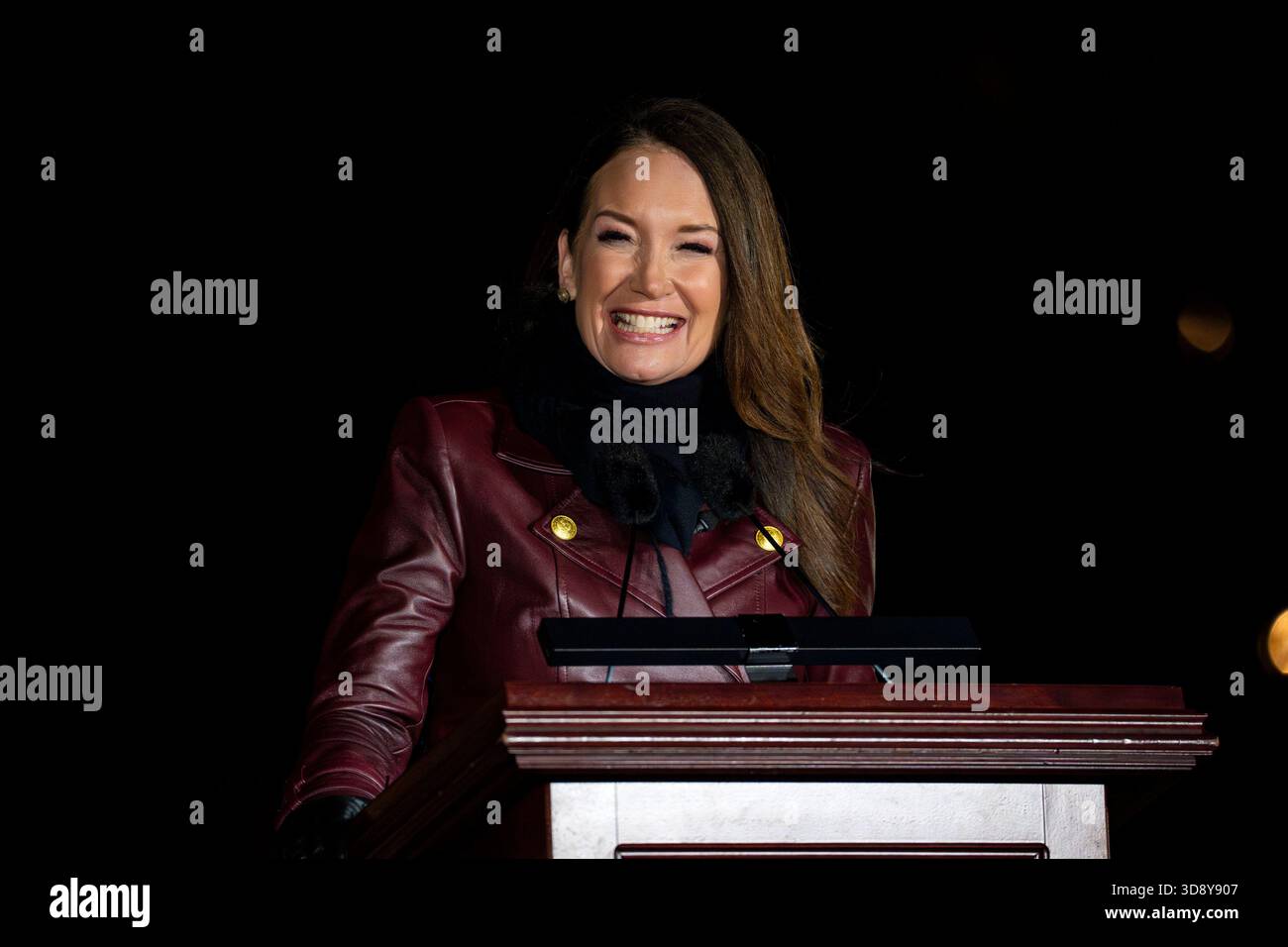 Washington, United States. 02nd Dec, 2025. Secretary of Agriculture Brooke Rollins speaks during a ceremony with Speaker of the House Mike Johnson, R-LA, members of the Nevada Congressional delegation and the Secretary of Agriculture to light the U.S. Capitol Christmas Tree on the West Front Lawn of the U.S. Capitol in Washington, DC on Tuesday, December 2, 2025. The tree, a 53-foot red fir from the Humboldt-Toiyabe National Forest in Nevada, is nicknamed 'Silver Belle' and is the first Capitol Christmas Tree to be selected from Nevada. Photo by Bonnie Cash/UPI Credit: UPI/Alamy Live News Stock Photo