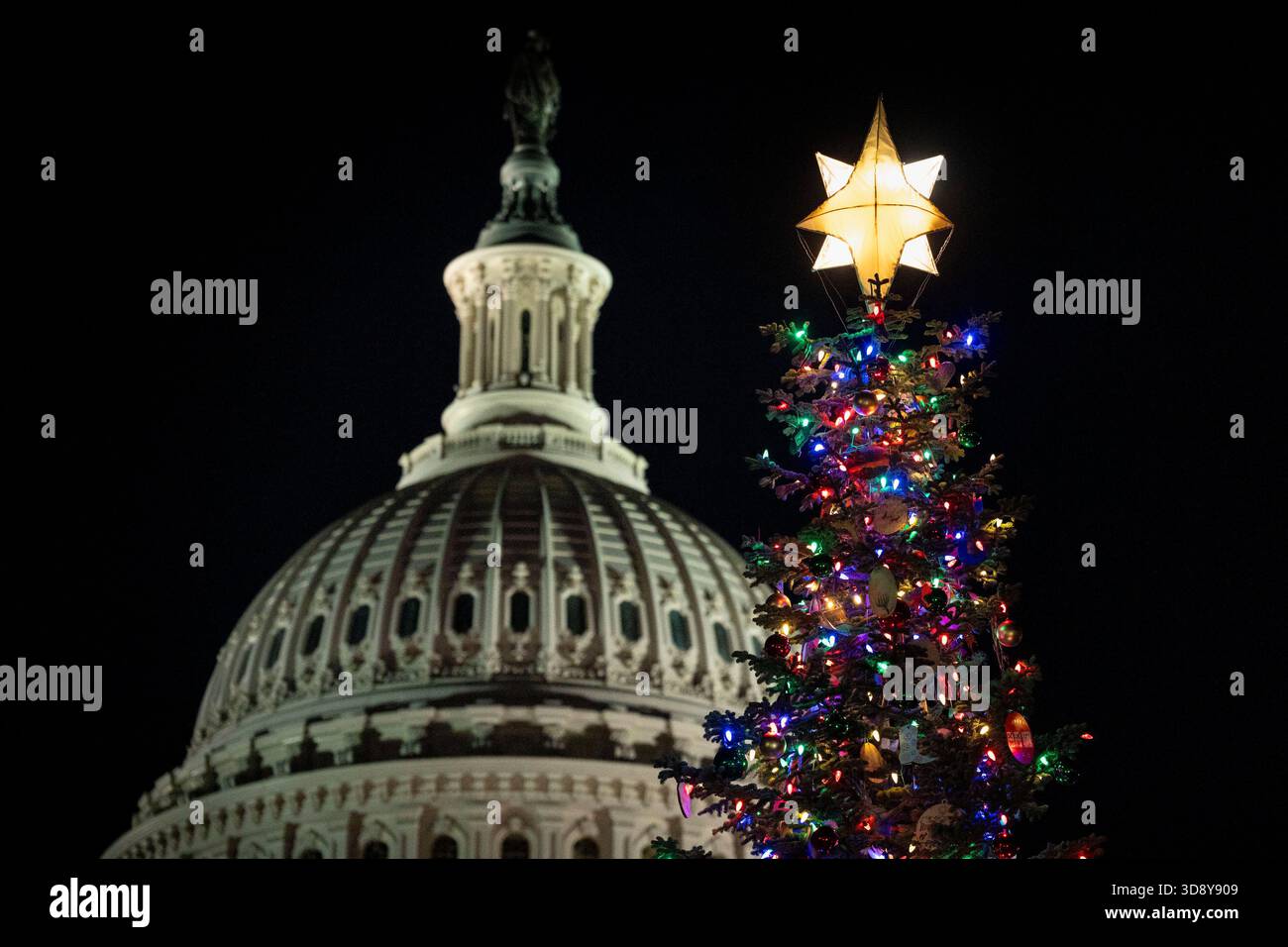 Washington, United States. 02nd Dec, 2025. The U.S. Capitol Christmas Tree is illuminated after a ceremony with Speaker of the House Mike Johnson, R-LA, members of the Nevada Congressional delegation and the Secretary of Agriculture to light the tree on the West Front Lawn of the U.S. Capitol in Washington, DC on Tuesday, December 2, 2025. The tree, a 53-foot red fir from the Humboldt-Toiyabe National Forest in Nevada, is nicknamed 'Silver Belle.' Photo by Bonnie Cash/UPI Credit: UPI/Alamy Live News Stock Photo