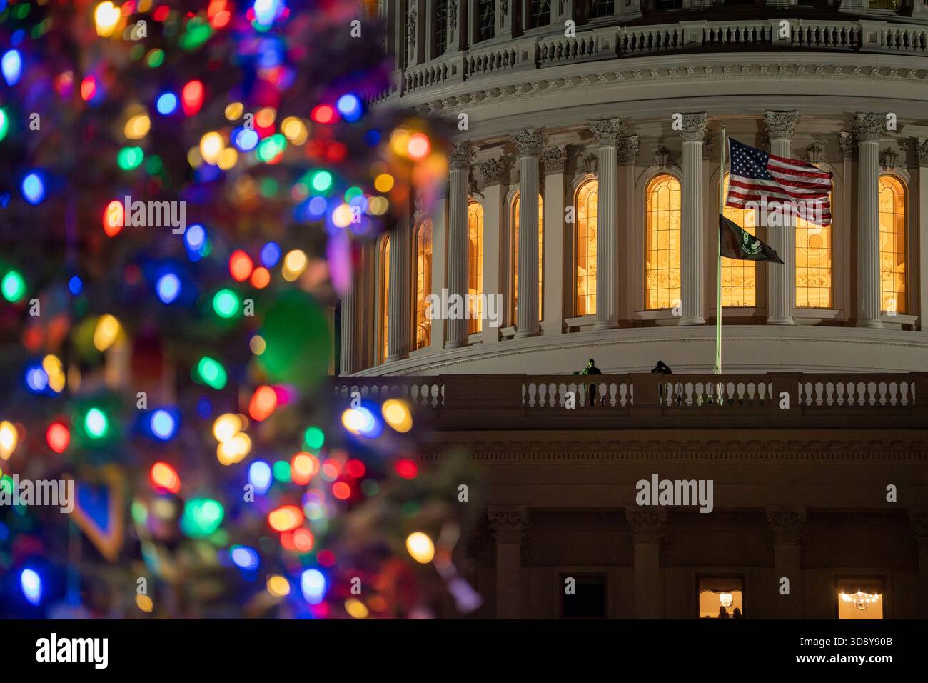 Washington, United States. 02nd Dec, 2025. The U.S. Capitol Christmas Tree is illuminated after a ceremony with Speaker of the House Mike Johnson, R-LA, members of the Nevada Congressional delegation and the Secretary of Agriculture to light the tree on the West Front Lawn of the U.S. Capitol in Washington, DC on Tuesday, December 2, 2025. The tree, a 53-foot red fir from the Humboldt-Toiyabe National Forest in Nevada, is nicknamed 'Silver Belle.' Photo by Bonnie Cash/UPI Credit: UPI/Alamy Live News Stock Photo