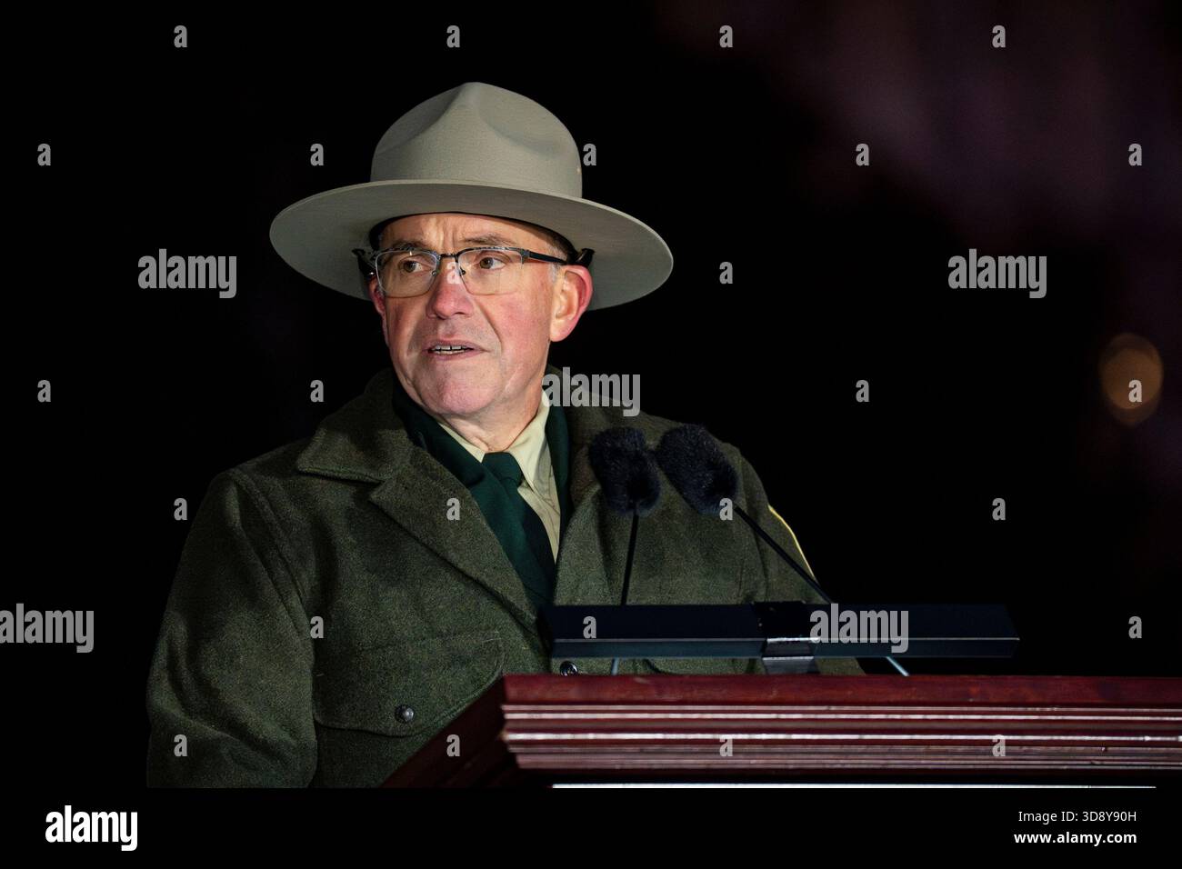 Washington, United States. 02nd Dec, 2025. Chief of the Forest Service Tom Schultz, speaks during a ceremony with Speaker of the House Mike Johnson, R-LA, members of the Nevada Congressional delegation and the Secretary of Agriculture to light the U.S. Capitol Christmas Tree on the West Front Lawn of the U.S. Capitol in Washington, DC on Tuesday, December 2, 2025. The tree, a 53-foot red fir from the Humboldt-Toiyabe National Forest in Nevada, is nicknamed 'Silver Belle' and is the first Capitol Christmas Tree to be selected from Nevada. Photo by Bonnie Cash/UPI Credit: UPI/Alamy Live News Stock Photo