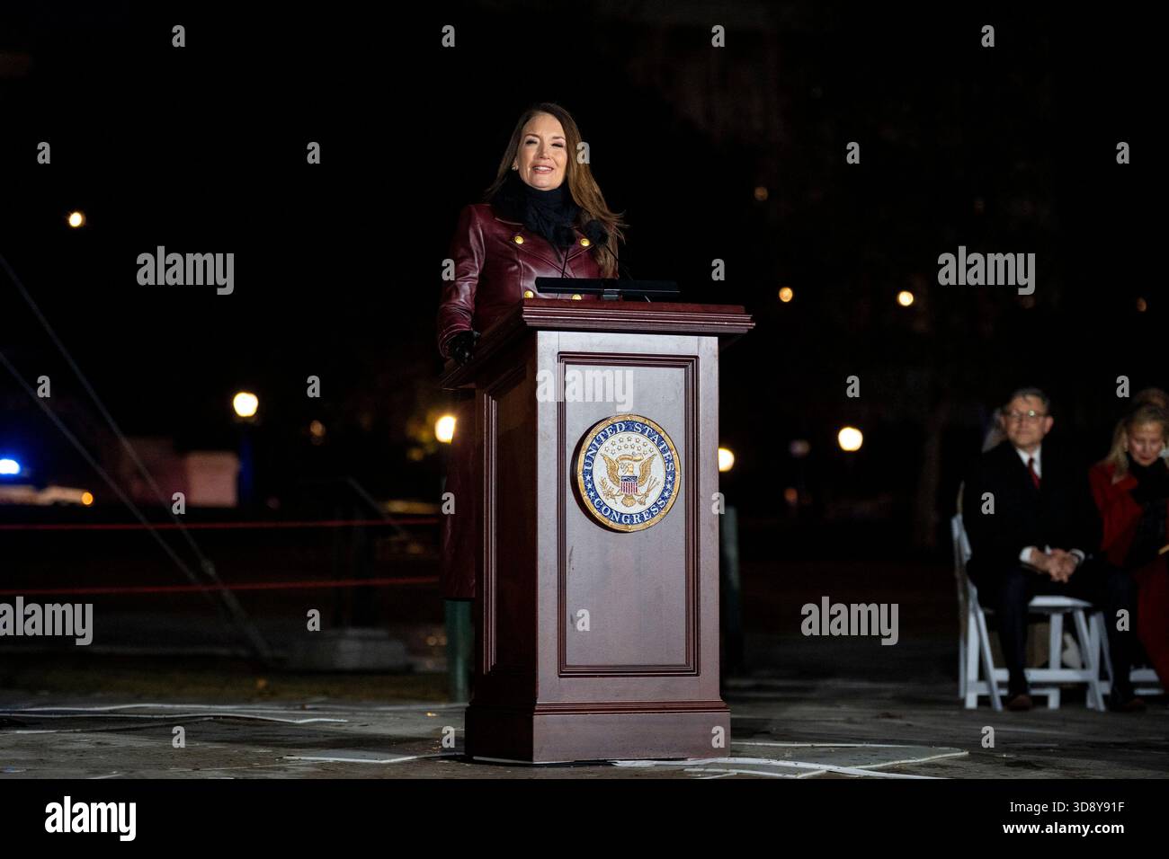 Washington, United States. 02nd Dec, 2025. Secretary of Agriculture Brooke Rollins speaks during a ceremony with Speaker of the House Mike Johnson, R-LA, members of the Nevada Congressional delegation and the Secretary of Agriculture to light the U.S. Capitol Christmas Tree on the West Front Lawn of the U.S. Capitol in Washington, DC on Tuesday, December 2, 2025. The tree, a 53-foot red fir from the Humboldt-Toiyabe National Forest in Nevada, is nicknamed 'Silver Belle' and is the first Capitol Christmas Tree to be selected from Nevada. Photo by Bonnie Cash/UPI Credit: UPI/Alamy Live News Stock Photo