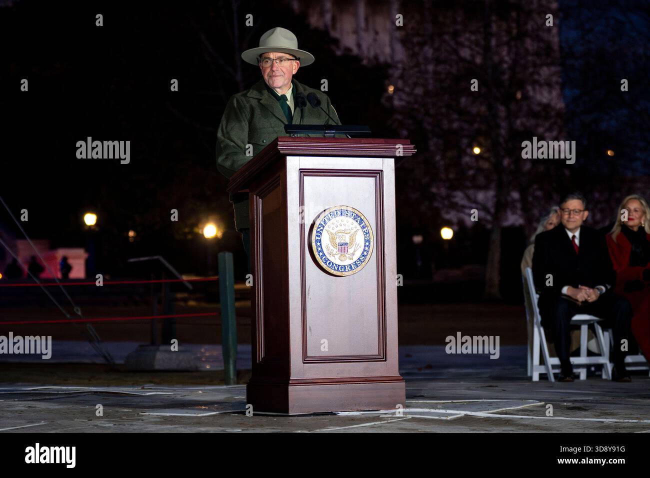 Washington, United States. 02nd Dec, 2025. Chief of the Forest Service Tom Schultz, speaks during a ceremony with Speaker of the House Mike Johnson, R-LA, members of the Nevada Congressional delegation and the Secretary of Agriculture to light the U.S. Capitol Christmas Tree on the West Front Lawn of the U.S. Capitol in Washington, DC on Tuesday, December 2, 2025. The tree, a 53-foot red fir from the Humboldt-Toiyabe National Forest in Nevada, is nicknamed 'Silver Belle' and is the first Capitol Christmas Tree to be selected from Nevada. Photo by Bonnie Cash/UPI Credit: UPI/Alamy Live News Stock Photo