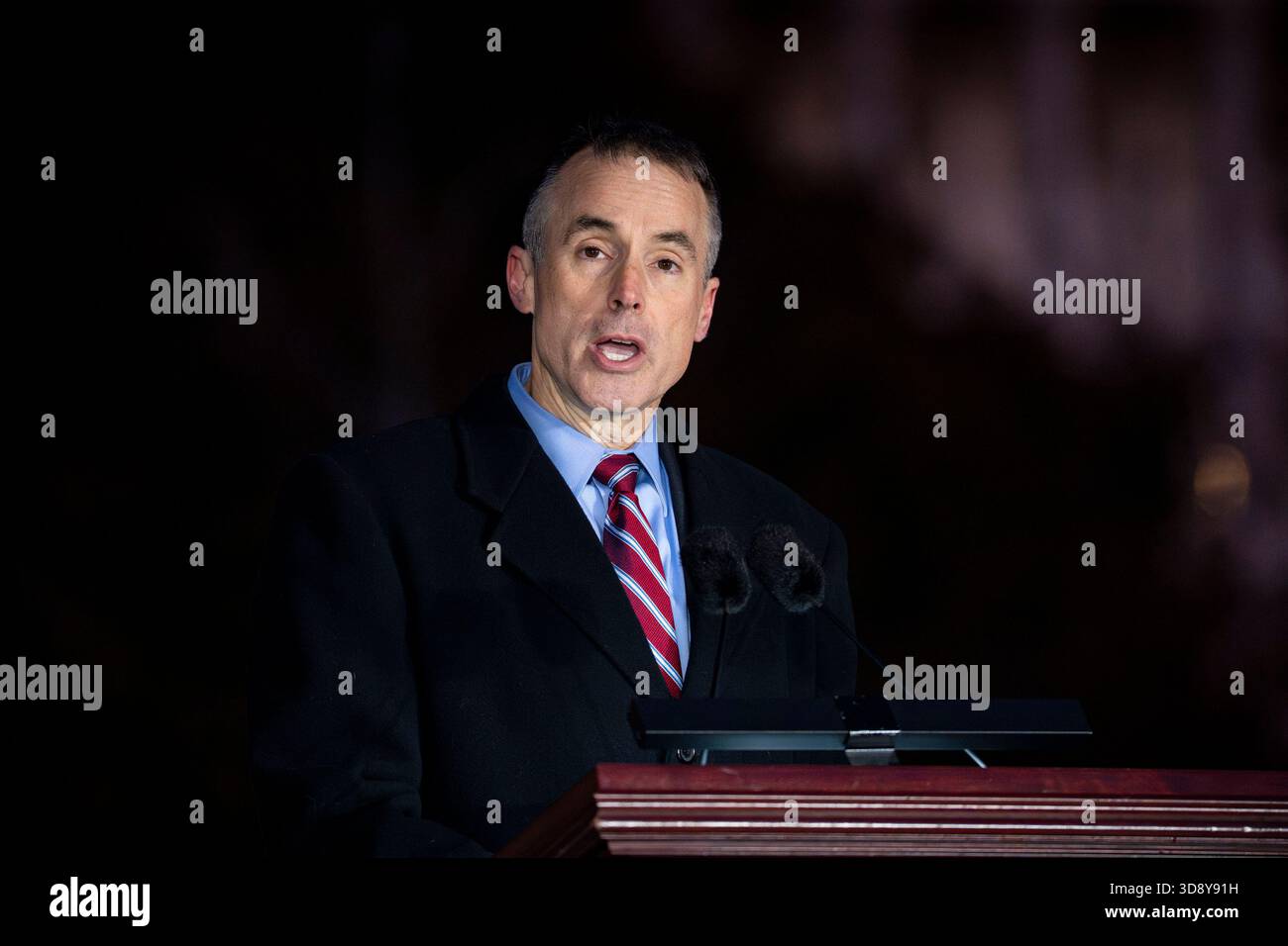 Washington, United States. 02nd Dec, 2025. Architect of the Capitol Thomas Austin speaks during a ceremony with Speaker of the House Mike Johnson, R-LA, members of the Nevada Congressional delegation and the Secretary of Agriculture to light the U.S. Capitol Christmas Tree on the West Front Lawn of the U.S. Capitol in Washington, DC on Tuesday, December 2, 2025. The tree, a 53-foot red fir from the Humboldt-Toiyabe National Forest in Nevada, is nicknamed 'Silver Belle' and is the first Capitol Christmas Tree to be selected from Nevada. Photo by Bonnie Cash/UPI. Credit: UPI/Alamy Live News Stock Photo