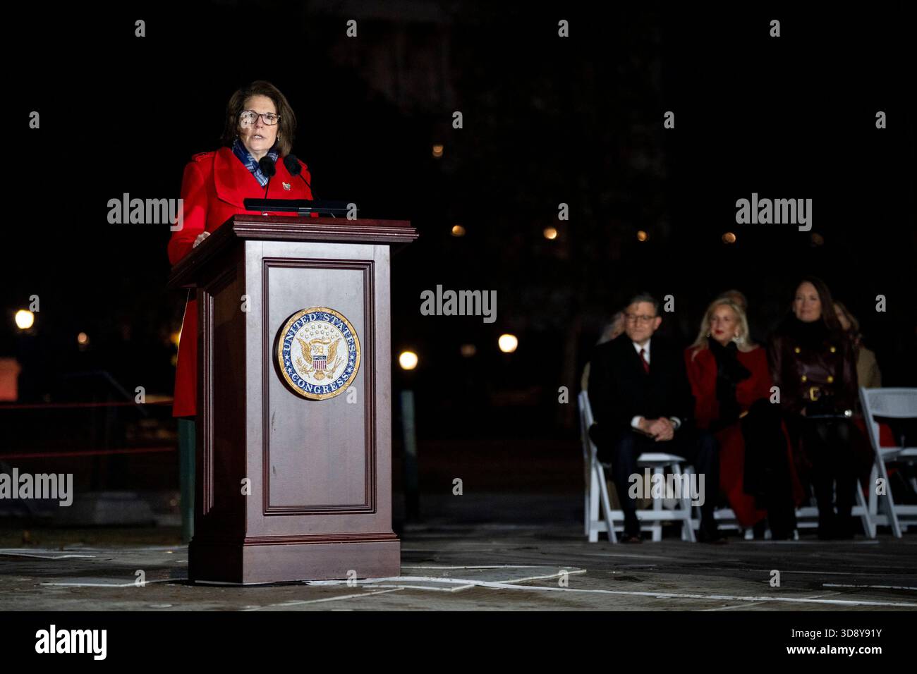 Washington, United States. 02nd Dec, 2025. Sen.Catherine Cortez Masto, D-NV, speaks during a ceremony with Speaker of the House Mike Johnson, R-LA, members of the Nevada Congressional delegation and the Secretary of Agriculture to light the U.S. Capitol Christmas Tree on the West Front Lawn of the U.S. Capitol in Washington, DC on Tuesday, December 2, 2025. The tree, a 53-foot red fir from the Humboldt-Toiyabe National Forest in Nevada, is nicknamed 'Silver Belle' and is the first Capitol Christmas Tree to be selected from Nevada. Photo by Bonnie Cash/UPI Credit: UPI/Alamy Live News Stock Photo