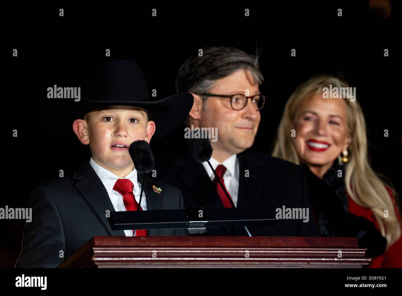 Washington, United States. 02nd Dec, 2025. Youth Tree Lighter Grady Armstrong speaks during a ceremony with Speaker of the House Mike Johnson, R-LA, members of the Nevada Congressional delegation and the Secretary of Agriculture to light the U.S. Capitol Christmas Tree on the West Front Lawn of the U.S. Capitol in Washington, DC on Tuesday, December 2, 2025. The tree, a 53-foot red fir from the Humboldt-Toiyabe National Forest in Nevada, is nicknamed 'Silver Belle' and is the first Capitol Christmas Tree to be selected from Nevada. Photo by Bonnie Cash/UPI Credit: UPI/Alamy Live News Stock Photo