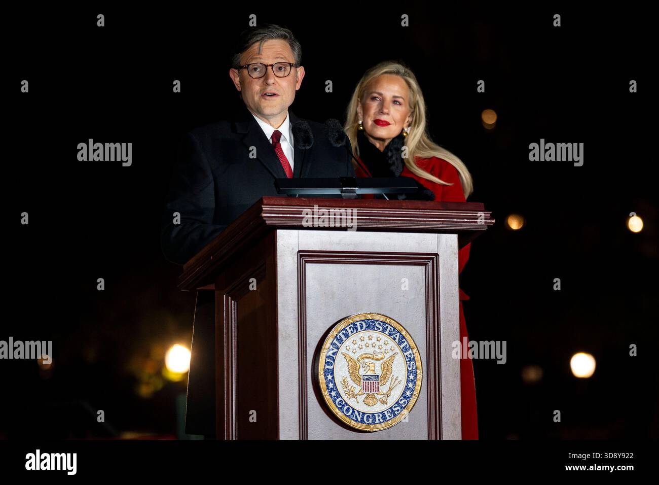 Washington, United States. 02nd Dec, 2025. Speaker of the House Mike Johnson, R-LA, with his wife, Kelly Lary, speaks during a ceremony with members of the Nevada Congressional delegation and the Secretary of Agriculture to light the U.S. Capitol Christmas Tree on the West Front Lawn of the U.S. Capitol in Washington, DC on Tuesday, December 2, 2025. The tree, a 53-foot red fir from the Humboldt-Toiyabe National Forest in Nevada, is nicknamed 'Silver Belle' and is the first Capitol Christmas Tree to be selected from Nevada. Photo by Bonnie Cash/UPI Credit: UPI/Alamy Live News Stock Photo