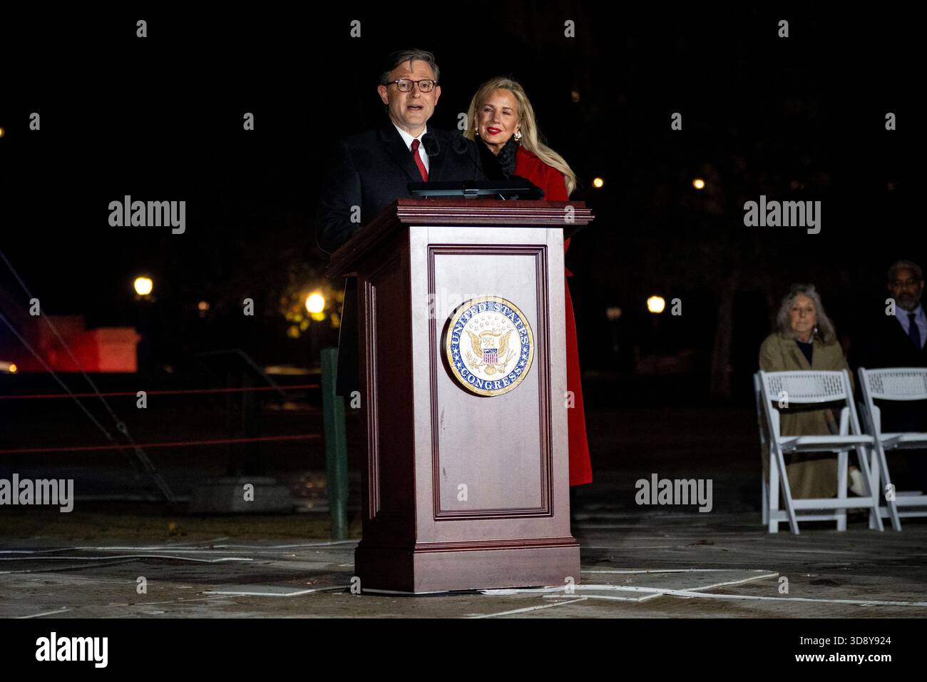 Washington, United States. 02nd Dec, 2025. Speaker of the House Mike Johnson, R-LA, with his wife, Kelly Lary, speaks during a ceremony with members of the Nevada Congressional delegation and the Secretary of Agriculture to light the U.S. Capitol Christmas Tree on the West Front Lawn of the U.S. Capitol in Washington, DC on Tuesday, December 2, 2025. The tree, a 53-foot red fir from the Humboldt-Toiyabe National Forest in Nevada, is nicknamed 'Silver Belle' and is the first Capitol Christmas Tree to be selected from Nevada. Photo by Bonnie Cash/UPI Credit: UPI/Alamy Live News Stock Photo