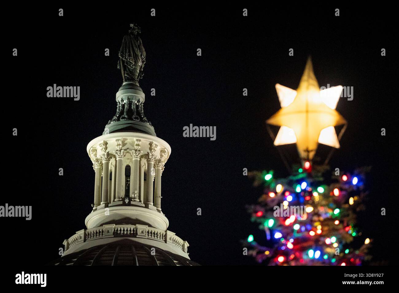 Washington, United States. 02nd Dec, 2025. The U.S. Capitol Christmas Tree is illuminated after a ceremony with Speaker of the House Mike Johnson, R-LA, members of the Nevada Congressional delegation and the Secretary of Agriculture to light the tree on the West Front Lawn of the U.S. Capitol in Washington, DC on Tuesday, December 2, 2025. The tree, a 53-foot red fir from the Humboldt-Toiyabe National Forest in Nevada, is nicknamed 'Silver Belle.' Photo by Bonnie Cash/UPI Credit: UPI/Alamy Live News Stock Photo
