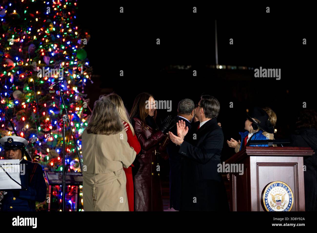 Speaker of the House Mike Johnson, R-LA, looks on as Youth Tree Lighter Grady Armstrong lights the 2025 Capitol Christmas Tree during a ceremony with members of the Nevada Congressional delegation and the Secretary of Agriculture to light the three on the West Front Lawn of the U.S. Capitol in Washington, DC on Tuesday, December 2, 2025. The tree, a 53-foot red fir from the Humboldt-Toiyabe National Forest in Nevada, is nicknamed 'Silver Belle' and is the first Capitol Christmas Tree to be selected from Nevada. Photo by Bonnie Cash/UPI Stock Photo