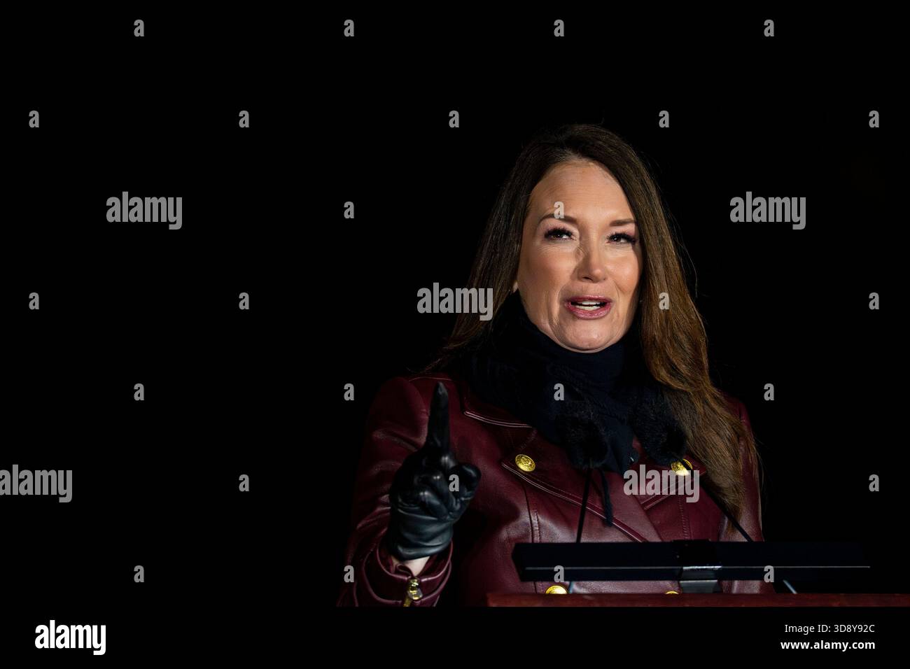 Washington, United States. 02nd Dec, 2025. Secretary of Agriculture Brooke Rollins speaks during a ceremony with Speaker of the House Mike Johnson, R-LA, members of the Nevada Congressional delegation and the Secretary of Agriculture to light the U.S. Capitol Christmas Tree on the West Front Lawn of the U.S. Capitol in Washington, DC on Tuesday, December 2, 2025. The tree, a 53-foot red fir from the Humboldt-Toiyabe National Forest in Nevada, is nicknamed 'Silver Belle' and is the first Capitol Christmas Tree to be selected from Nevada. Photo by Bonnie Cash/UPI Credit: UPI/Alamy Live News Stock Photo