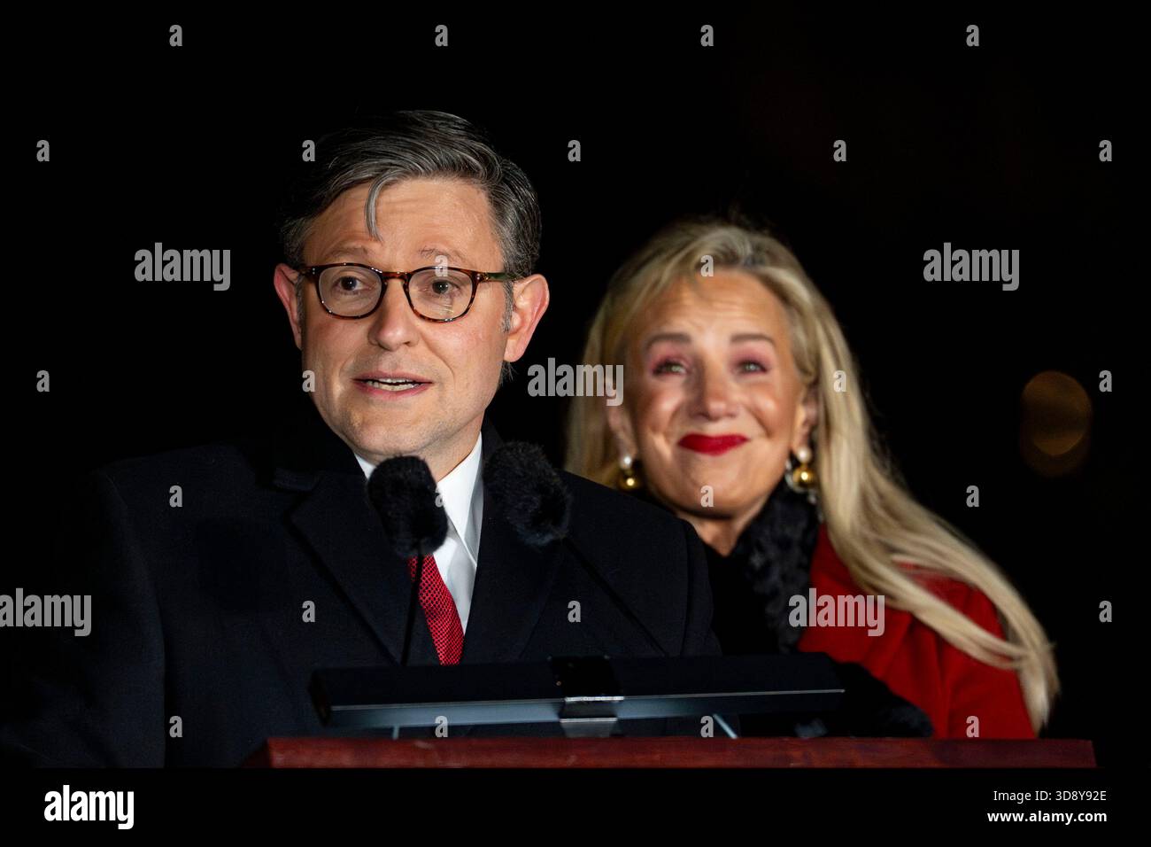 Washington, United States. 02nd Dec, 2025. Speaker of the House Mike Johnson, R-LA, with his wife, Kelly Lary, speaks during a ceremony with members of the Nevada Congressional delegation and the Secretary of Agriculture to light the U.S. Capitol Christmas Tree on the West Front Lawn of the U.S. Capitol in Washington, DC on Tuesday, December 2, 2025. The tree, a 53-foot red fir from the Humboldt-Toiyabe National Forest in Nevada, is nicknamed 'Silver Belle' and is the first Capitol Christmas Tree to be selected from Nevada. Photo by Bonnie Cash/UPI Credit: UPI/Alamy Live News Stock Photo