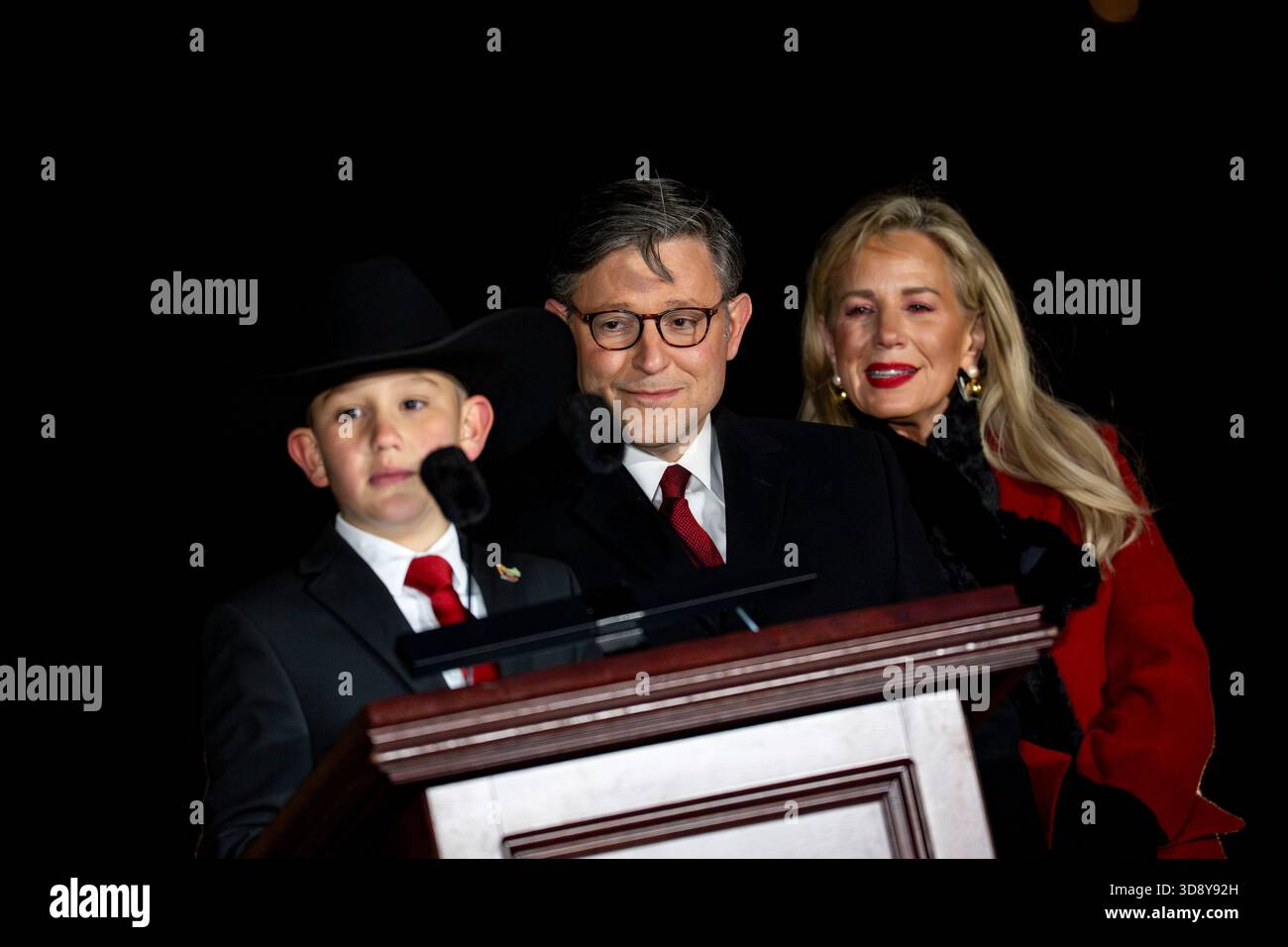 Speaker of the House Mike Johnson, R-LA, looks on as Youth Tree Lighter Grady Armstrong speaks during a ceremony with members of the Nevada Congressional delegation and the Secretary of Agriculture to light the U.S. Capitol Christmas Tree on the West Front Lawn of the U.S. Capitol in Washington, DC on Tuesday, December 2, 2025. The tree, a 53-foot red fir from the Humboldt-Toiyabe National Forest in Nevada, is nicknamed 'Silver Belle' and is the first Capitol Christmas Tree to be selected from Nevada. Photo by Bonnie Cash/UPI Stock Photo