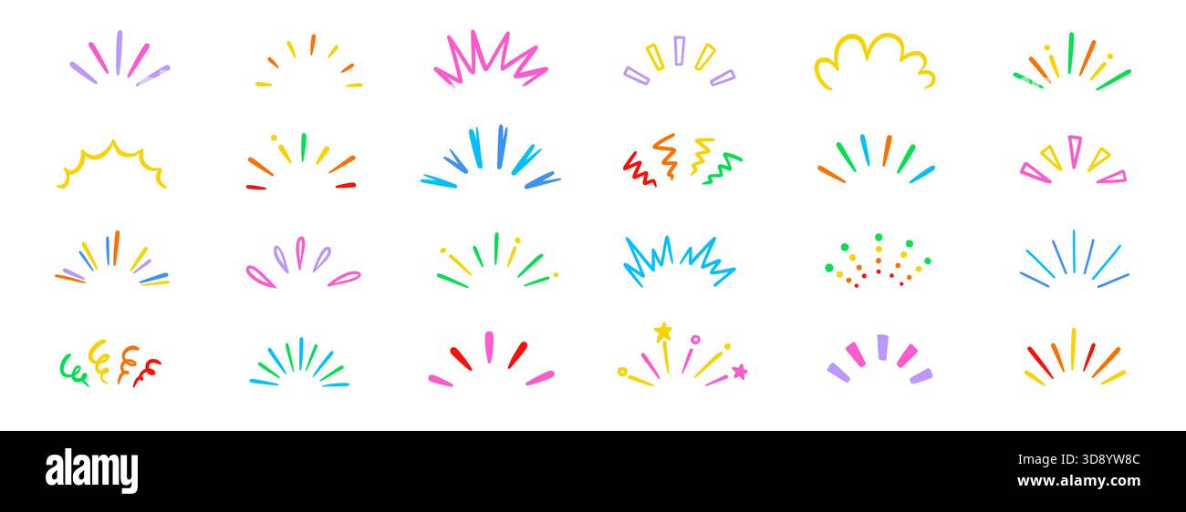 Line surprise shine ray color icon set. Hand drawn doodle color sparkle ...