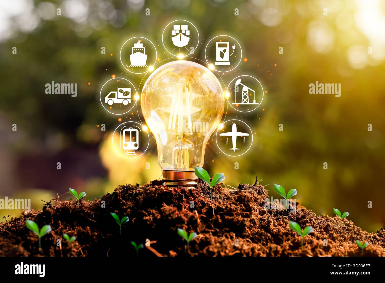 A glowing light bulb emerging from soil with energy and transport icons ...