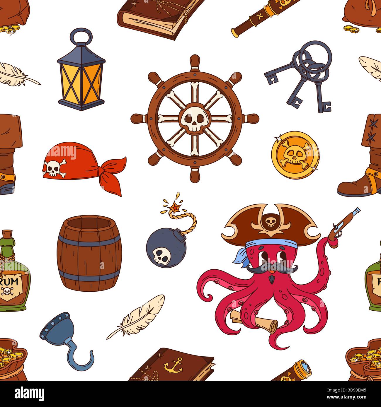 Cartoon pirate and corsair items seamless pattern with octopus captain ...