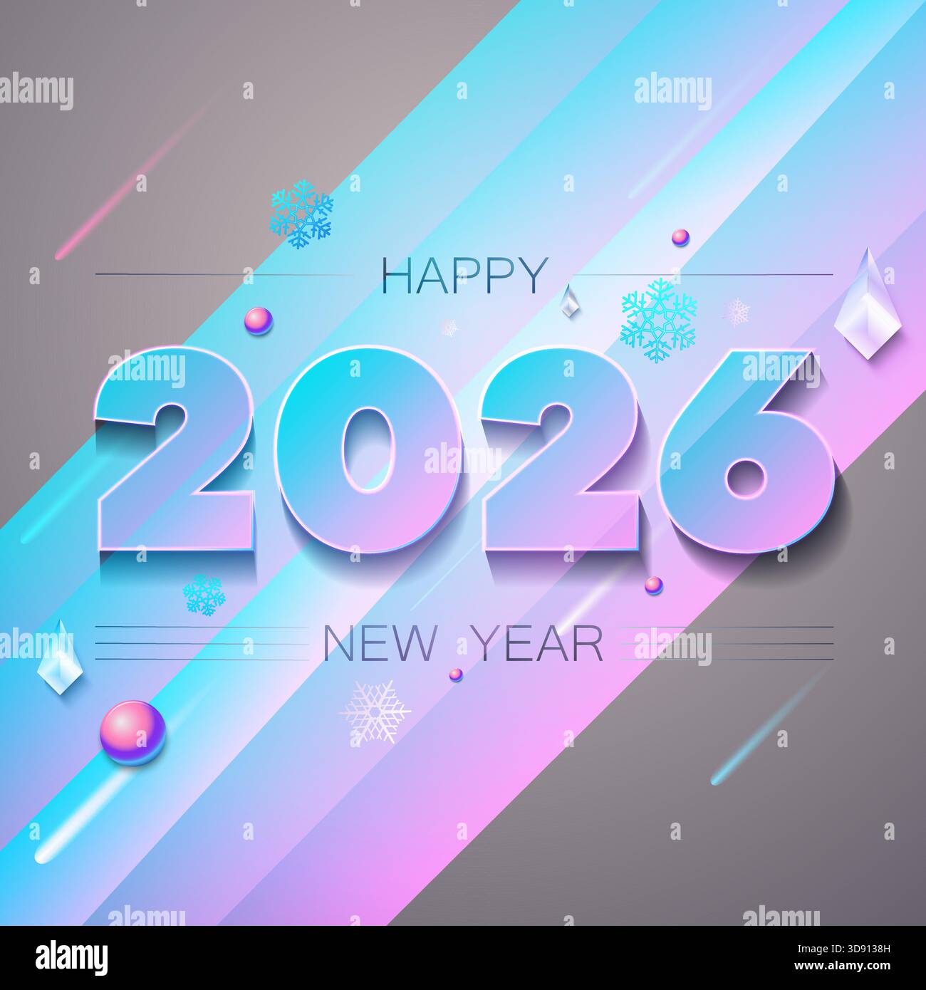 Vector illustration featuring a modern New Year 2026 design with large three-dimensional gradient numbers in cyan, blue, and pink tones. For holiday g Stock Vector