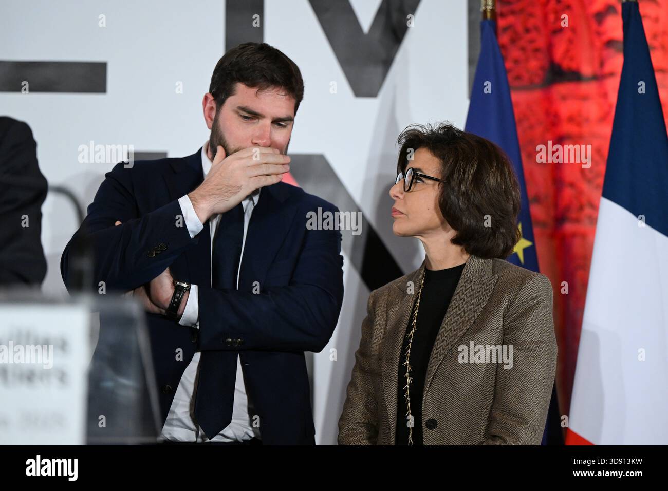 Paris, France. 02nd Dec, 2025. Vincent Jeanbrun, Minister for Urban Affairs and Housing and Rachida Dati, Minister of Culture during the closing ceremony for the event “Tomorrow's Cities: 30 Projects for Neighborhoods” on December 2, 2025 in Paris, Cite de l'Architecture et du Patrimoine . Photo by Tomas Stevens/ABACAPRESS.COM Credit: Abaca Press/Alamy Live News Stock Photo