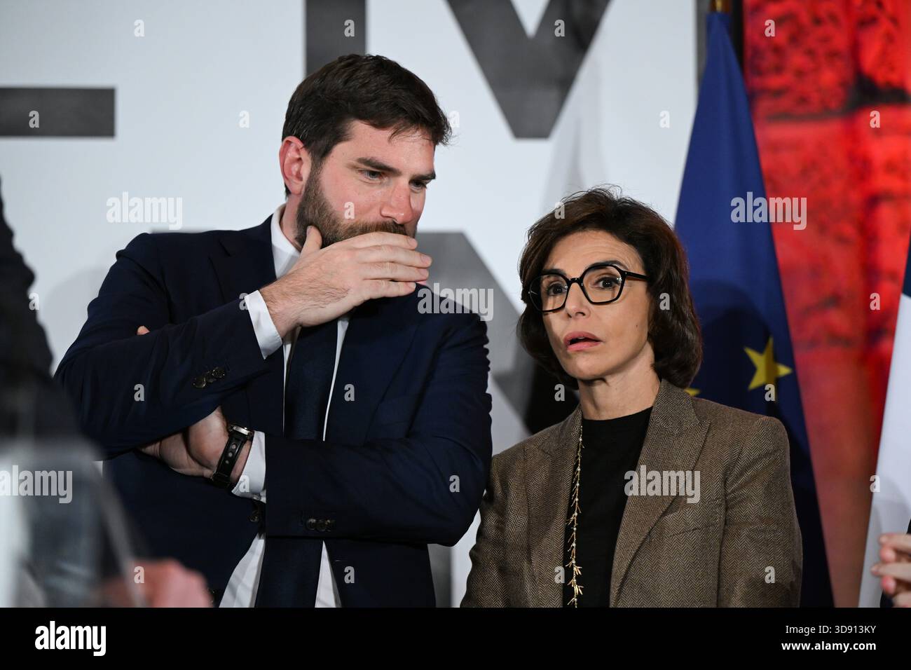 Paris, France. 02nd Dec, 2025. Vincent Jeanbrun, Minister for Urban Affairs and Housing and Rachida Dati, Minister of Culture during the closing ceremony for the event “Tomorrow's Cities: 30 Projects for Neighborhoods” on December 2, 2025 in Paris, Cite de l'Architecture et du Patrimoine . Photo by Tomas Stevens/ABACAPRESS.COM Credit: Abaca Press/Alamy Live News Stock Photo