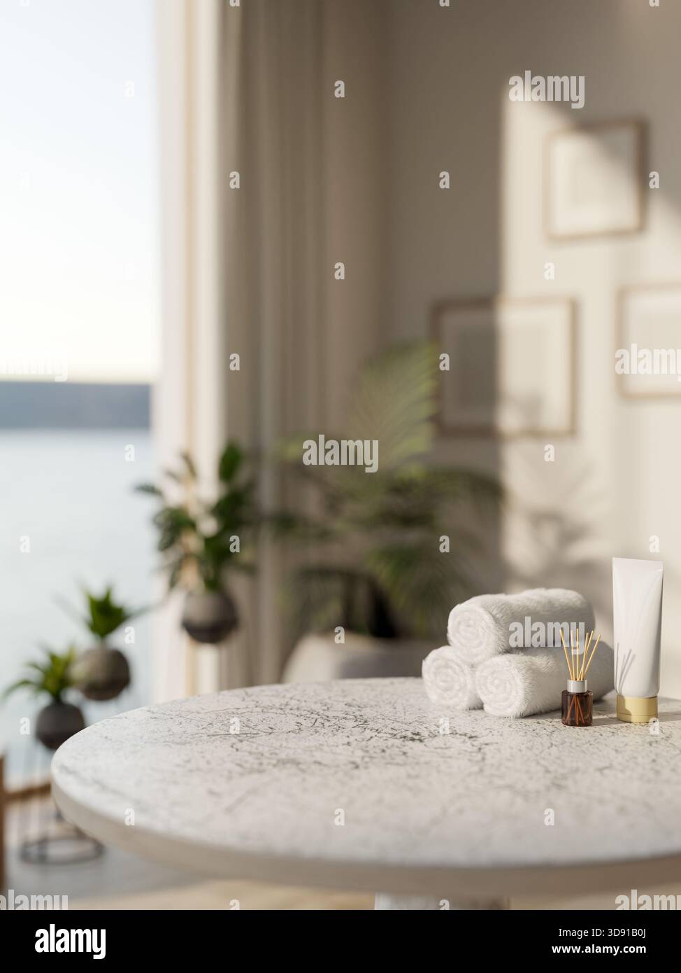 White towel with diffuser and lotion tube aside on grey marble stool table in a wellness spa or bathroom. Body Relaxing, 3d rendering, 3d illustration Stock Photo