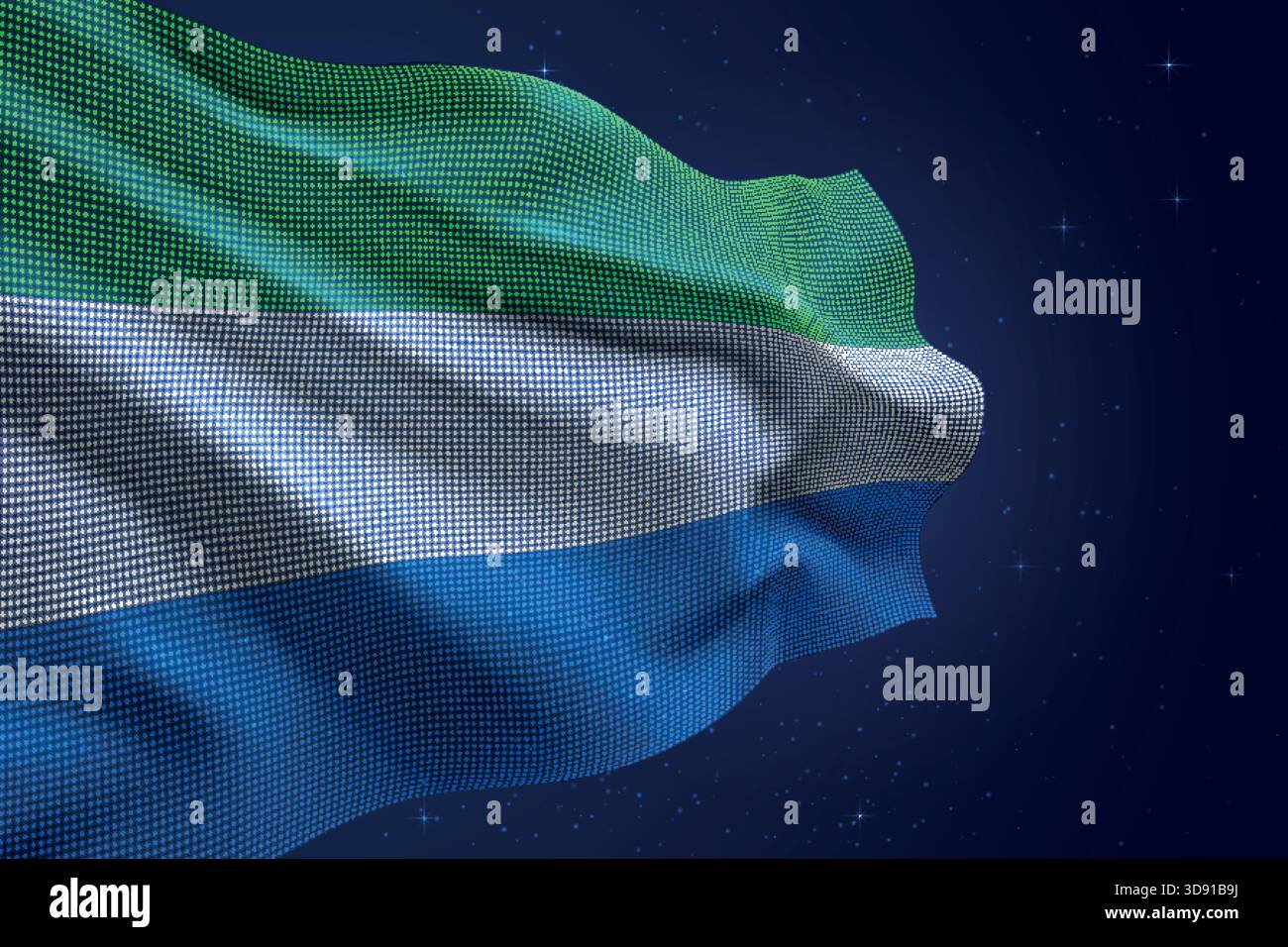 Sierra Leone dotted LED-style flag waving against night sky with ...