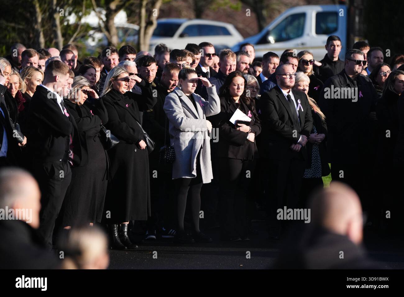 Mourners arriving the funeral of Chloe Hipson at Daldowie Crematorium in Glasgow. 21-year-old Chloe was one of five people killed when their Volkswagen Golf was in a collision with a Toyota Land Cruiser on a road near Dundalk on November 15. Picture date: Tuesday December 2, 2025. Stock Photo