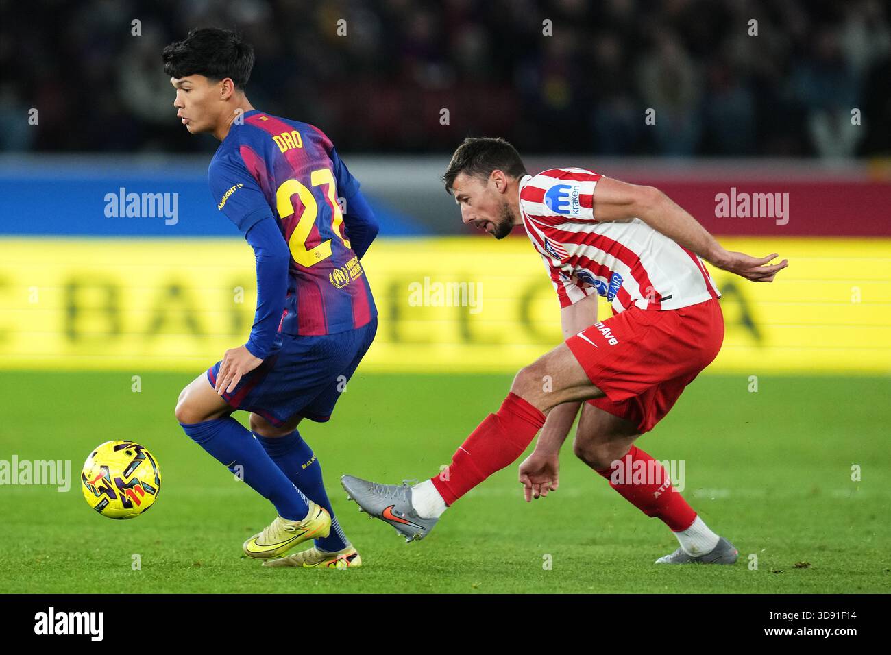 Barcelona, Spain. 03rd Dec, 2025. during the La Liga EA Sports match between FC Barcelona and Atletico de Madrid played at Spotify Camp Nou Stadium on December 2 2025 in Barcelona, Spain. (Photo by Bagu Blanco/PRESSIN)Dro Fernandez of FC Barcelona and Clement Lenglet of Atletico de Madrid Credit: PRESSINPHOTO SPORTS AGENCY/Alamy Live News Stock Photo
