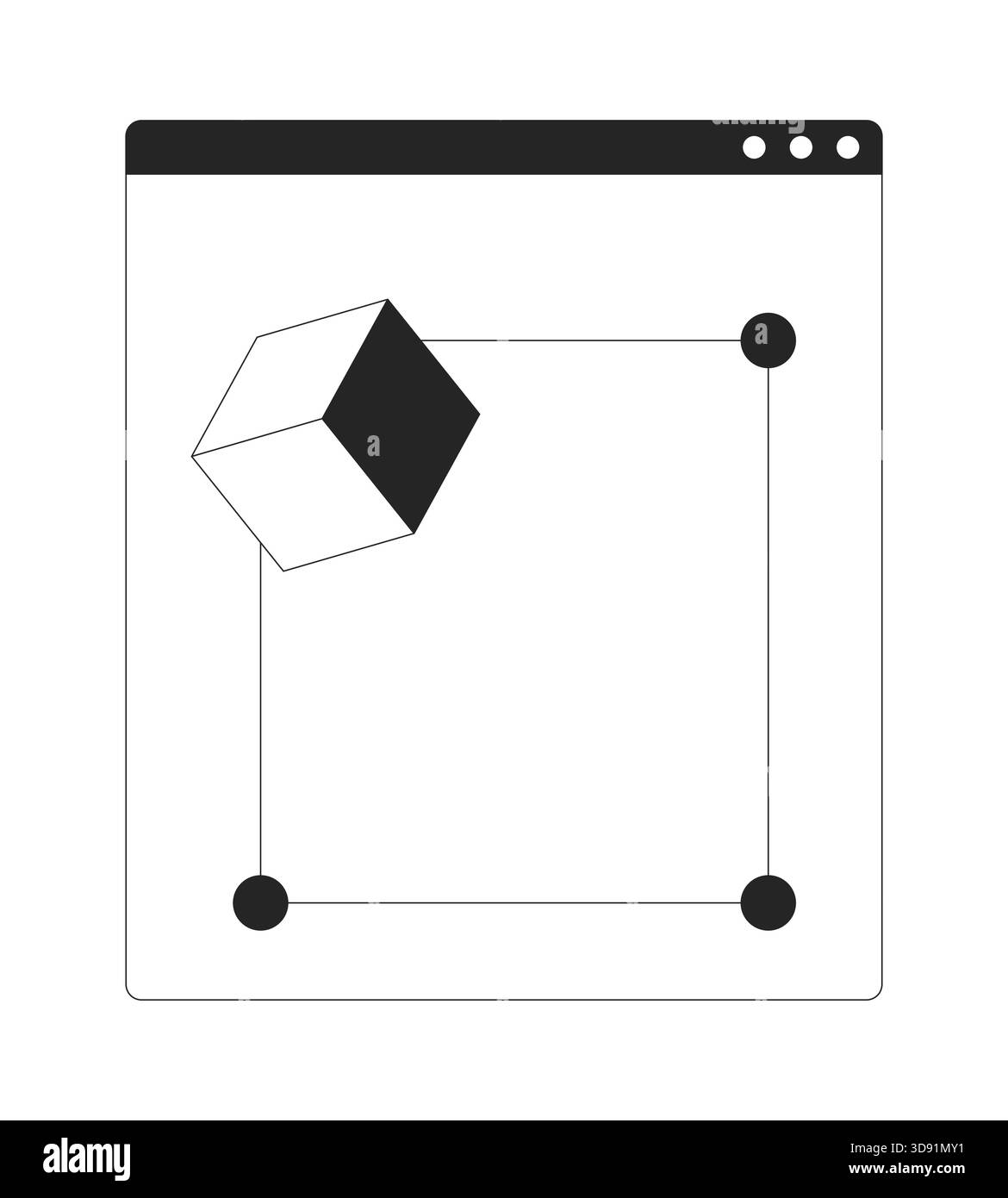Geometric cube inside interface window with control nodes 2D line object Stock Vector