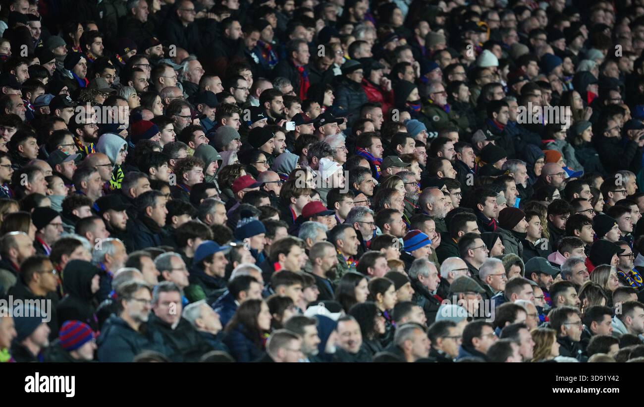Barcelona, Spain. 03rd Dec, 2025. FC Barcelona fans on the stands during the La Liga EA Sports match between FC Barcelona and Atletico de Madrid played at Spotify Camp Nou Stadium on December 2 2025 in Barcelona, Spain. (Photo by Bagu Blanco/PRESSIN) Credit: PRESSINPHOTO SPORTS AGENCY/Alamy Live News Stock Photo