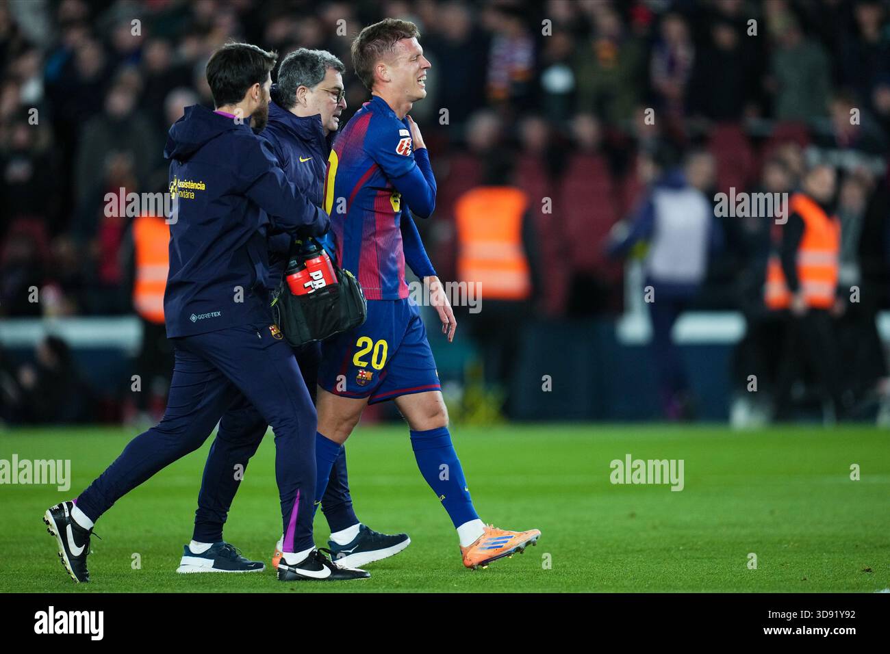Barcelona, Spain. 03rd Dec, 2025. Dani Olmo of FC Barcelona injury during the La Liga EA Sports match between FC Barcelona and Atletico de Madrid played at Spotify Camp Nou Stadium on December 2 2025 in Barcelona, Spain. (Photo by Bagu Blanco/PRESSIN) Credit: PRESSINPHOTO SPORTS AGENCY/Alamy Live News Stock Photo