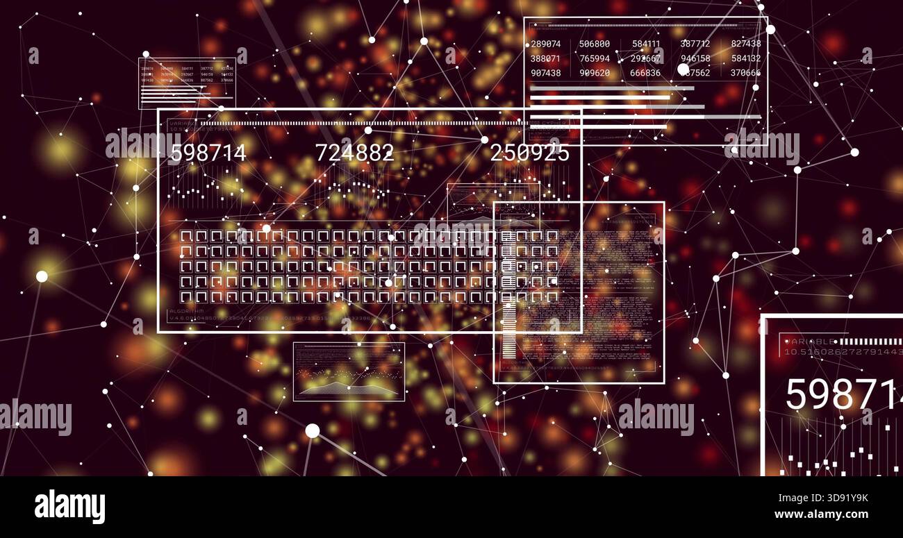 Displaying central translucent panel showing keyboard grid, numeric readouts on dark maroon field Stock Photo