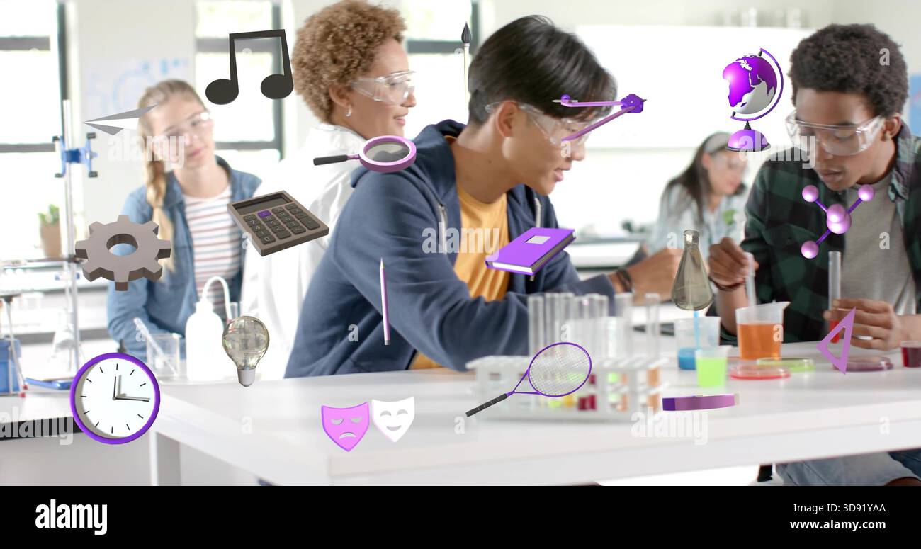Mixing students wearing goggles and casual clothes in school lab, using ...