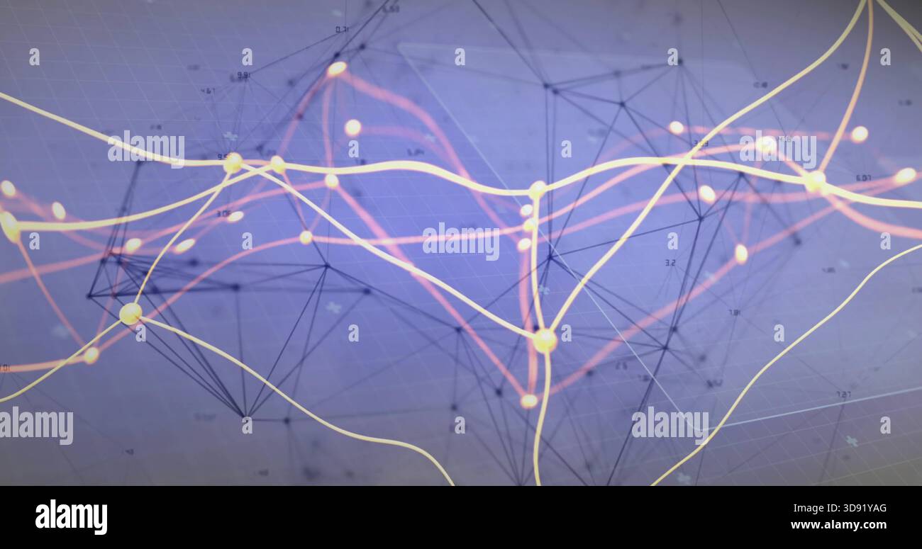 Displaying centered abstract network on digital display, showing glowing nodes, ribbons, mesh grid Stock Photo