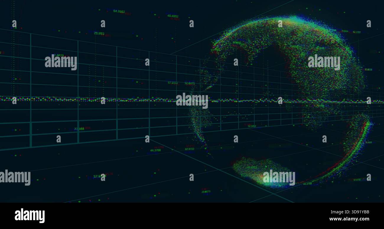 Visualizing dense multicolor point cloud globe drifting in 3D grid, with numeric labels, copy space Stock Photo